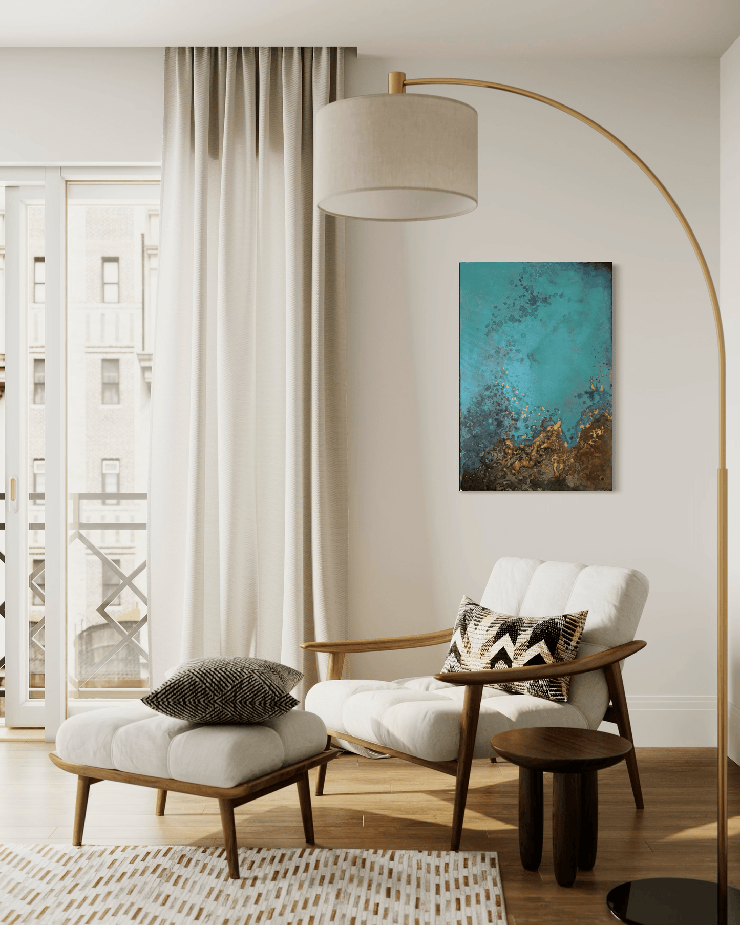Original  abstract painting in blue, gold, brown and rust tones with layered textures and organic forms displayed above an armchair and floor lamp in modern interior