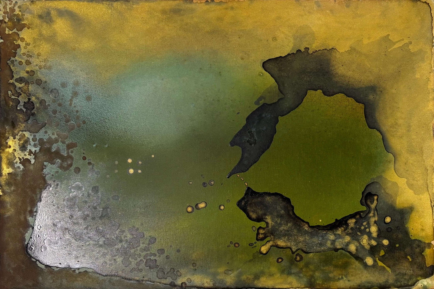 Original abstract painting in greens, yellow, gold, brown and deep wine tones with layered textures and organic forms.