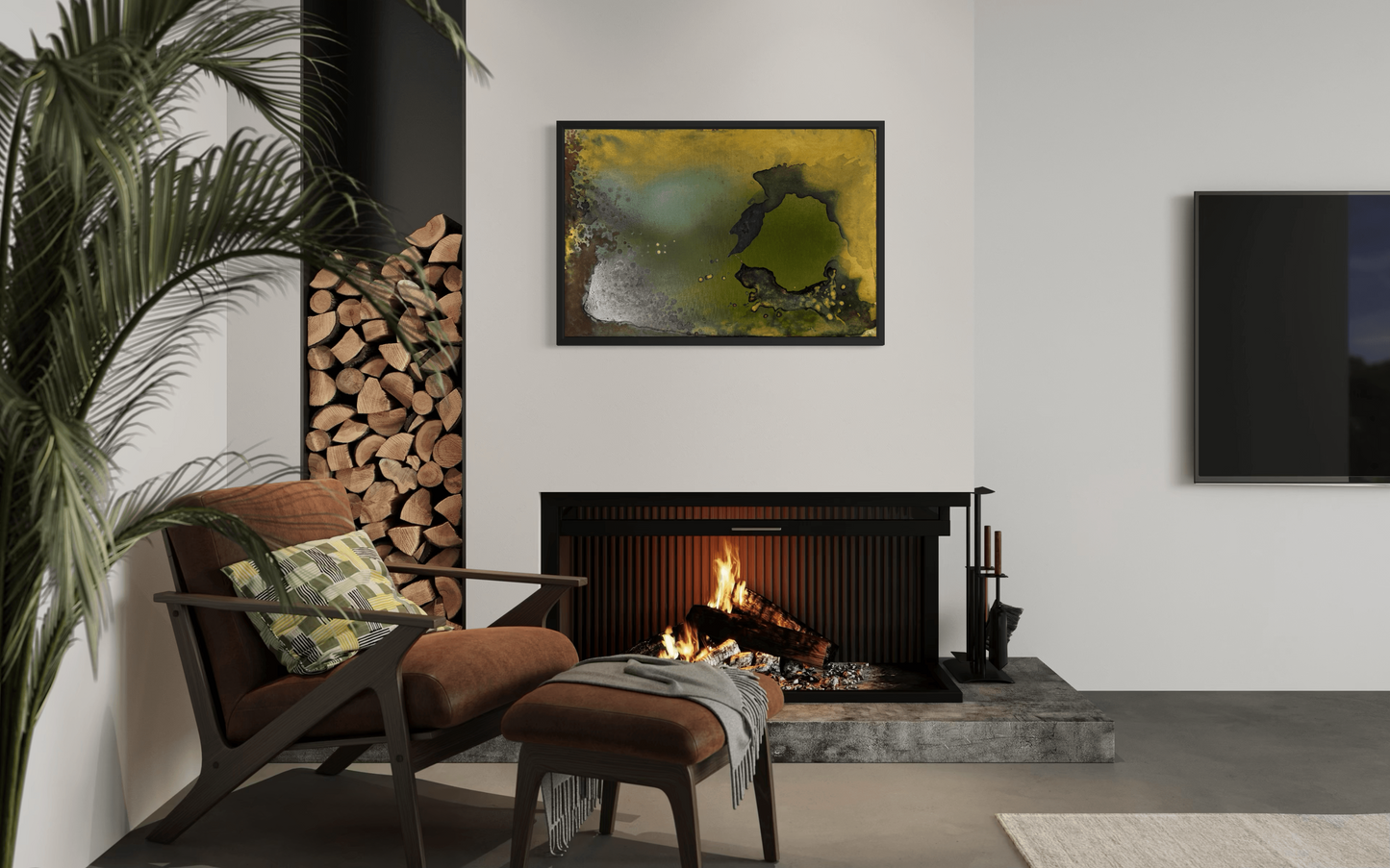 Original abstract painting in greens, yellow, gold, brown and deep wine tones with layered textures and organic forms displayed above the fireplace and armchair  in modern interior
