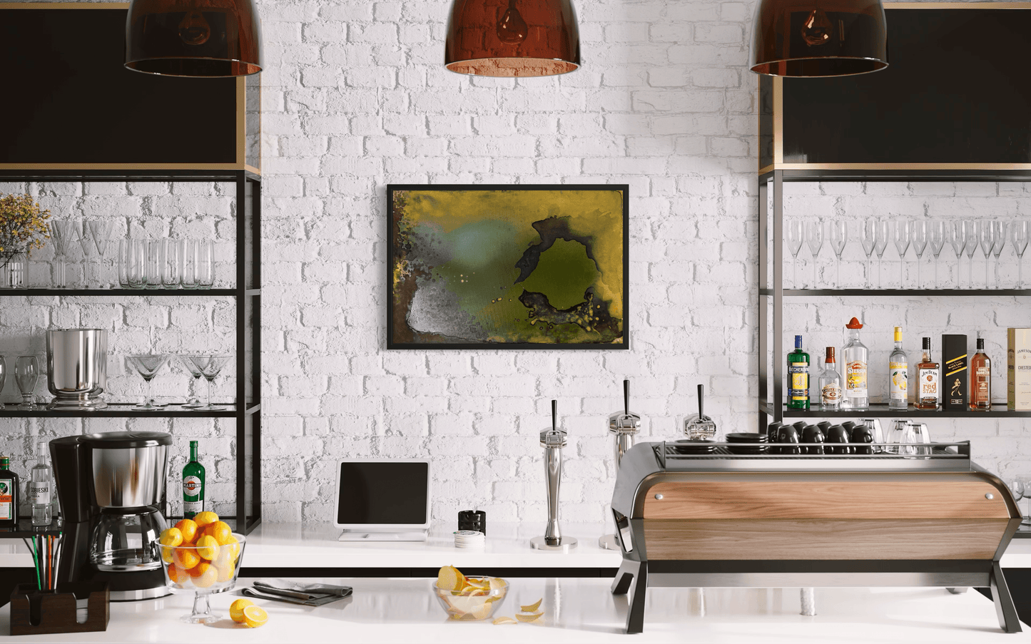 Original abstract painting in greens, yellow, gold, brown and deep wine tones with layered textures and organic forms displayed on a white brick wall in cocktail/bar interior 