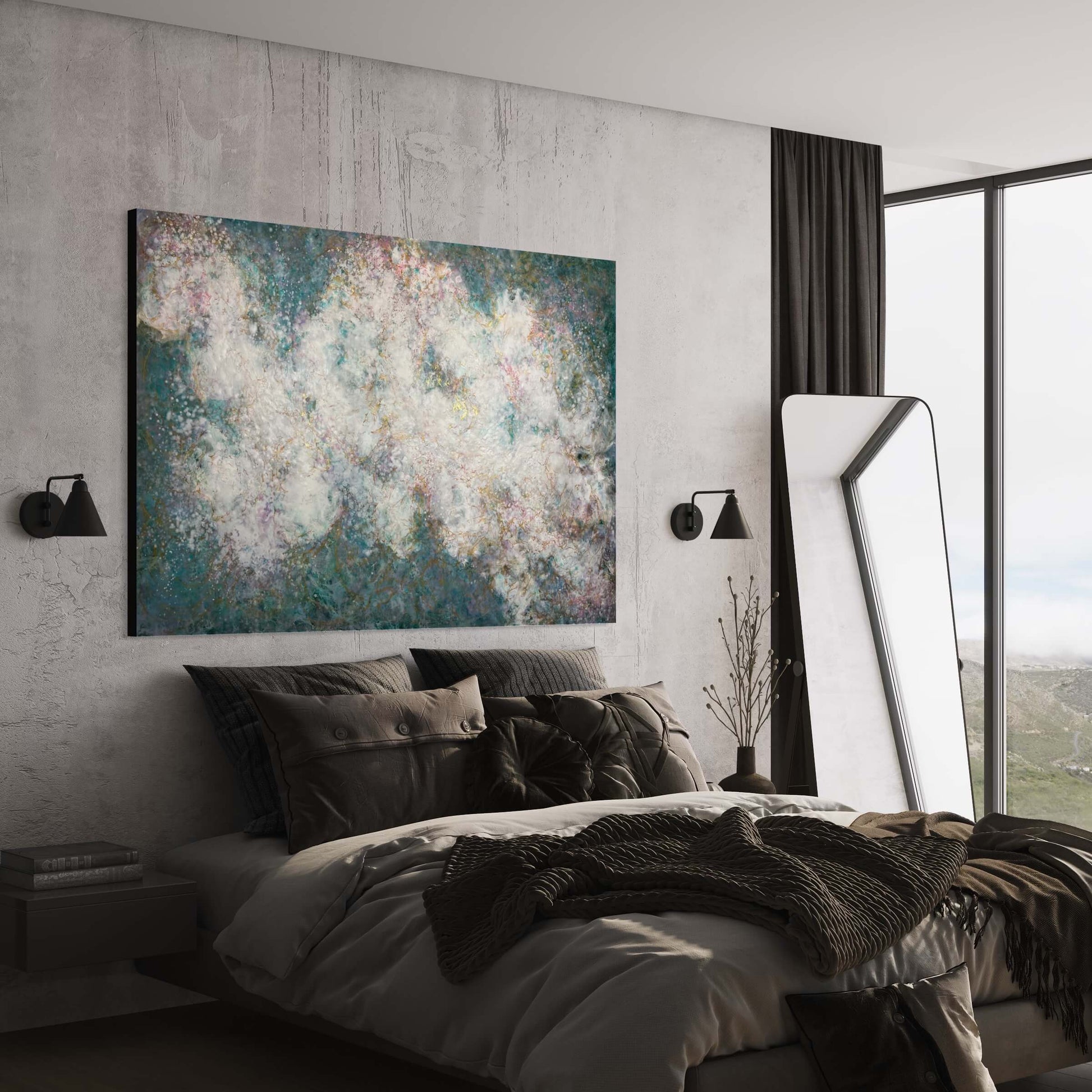 Painting in situ.This piece has a calming feel to it with blue greens, white, pinks and gold. it creates an ethereal feeling with the what looks like a magical cloud floating by.