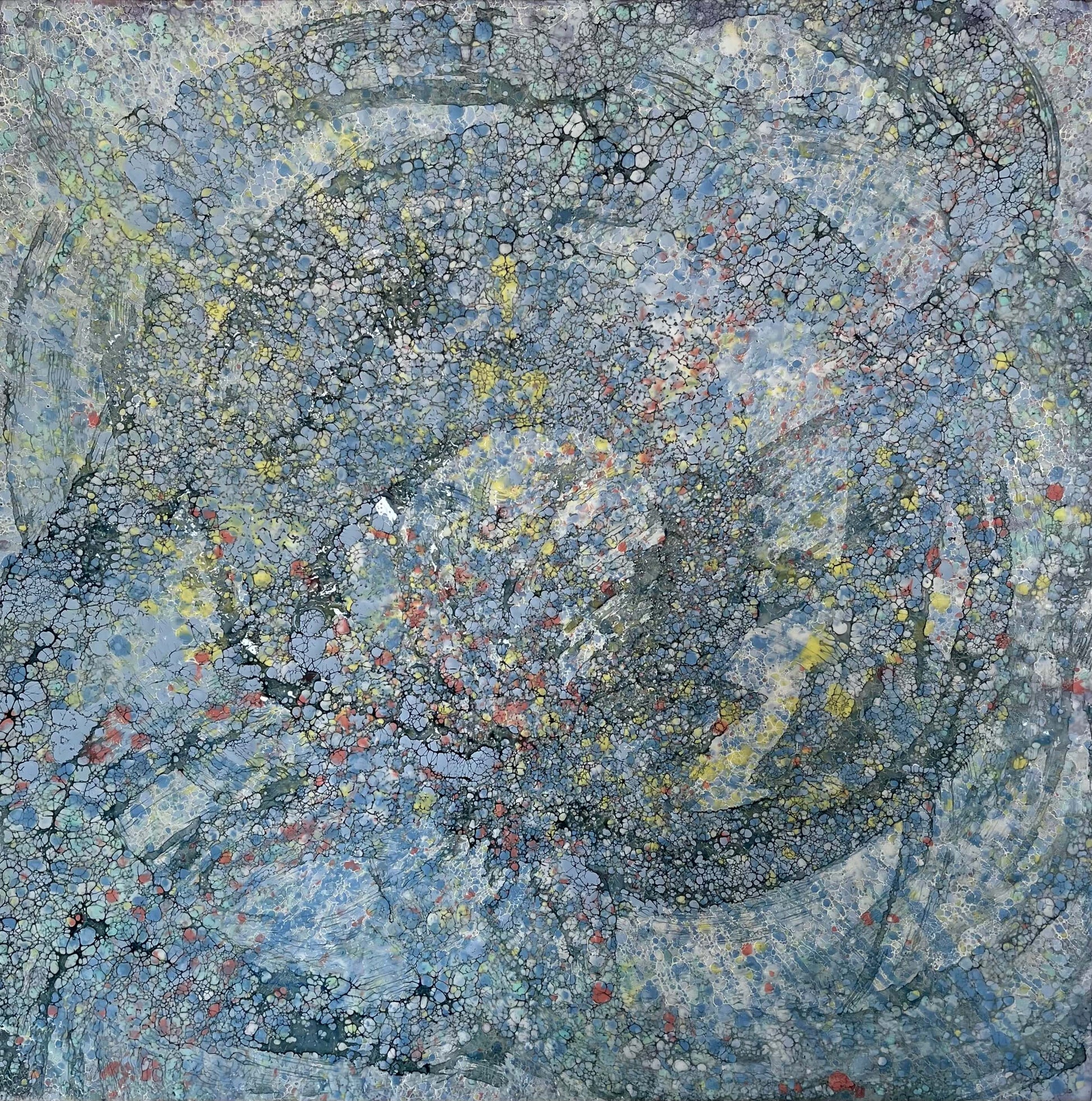 This piece has a very uplifting energy with its variations of blues, greys and specks of yellow and orange. it is a textured painting, when you run your fingers over it, you will feel ripples of wax. The droplets of orange wax  signifies Monarch butterflies taking to the sky. 