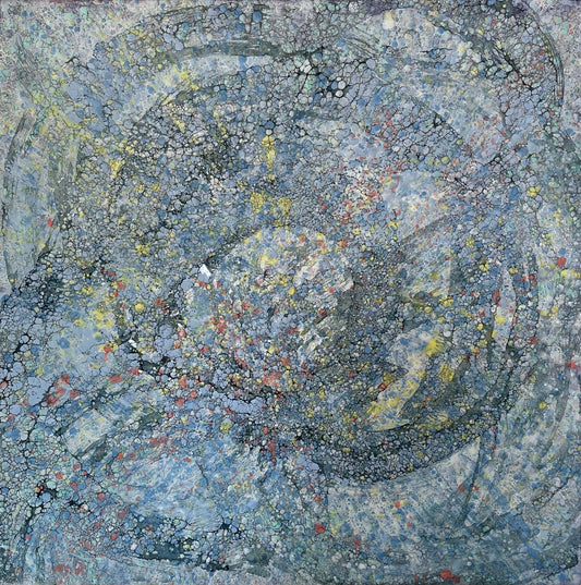 This piece has a very uplifting energy with its variations of blues, greys and specks of yellow and orange. it is a textured painting, when you run your fingers over it, you will feel ripples of wax. The droplets of orange wax  signifies Monarch butterflies taking to the sky. 