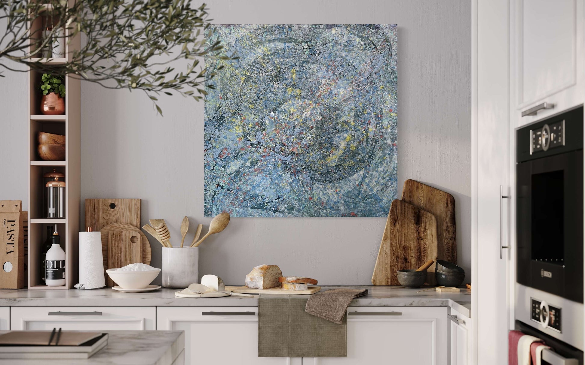 In situ.This piece has a very uplifting energy with its variations of blues, greys and specks of yellow and orange. it is a textured painting, when you run your fingers over it, you will feel ripples of wax. The droplets of orange wax signifies Monarch butterflies taking to the sky.
