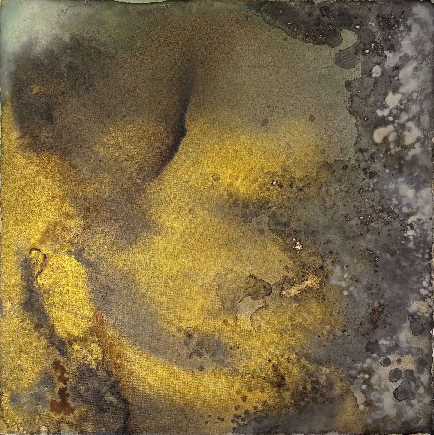 Original abstract painting with brown, rust, gold and grey tones with layered textures and organic forms