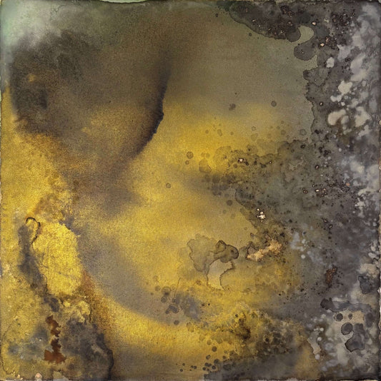 Original abstract painting with brown, rust, gold and grey tones with layered textures and organic forms