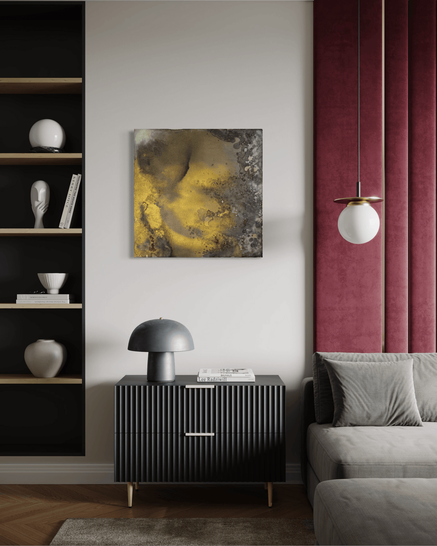 Original abstract painting with brown, rust, gold and grey tones with layered textures and organic forms displayed above a bedside table next to a floor to ceiling velvet raspberry tone headboard in a midcentury modern interior