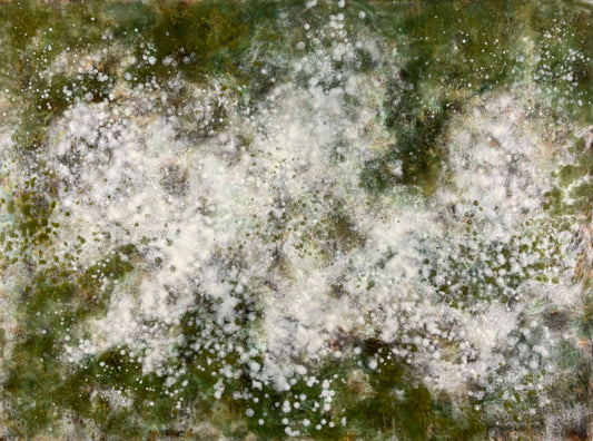 Abstract painting with soft white and pale green cloud-like forms ver a deep green background. The piece adds a calm, organic feel to a modern space