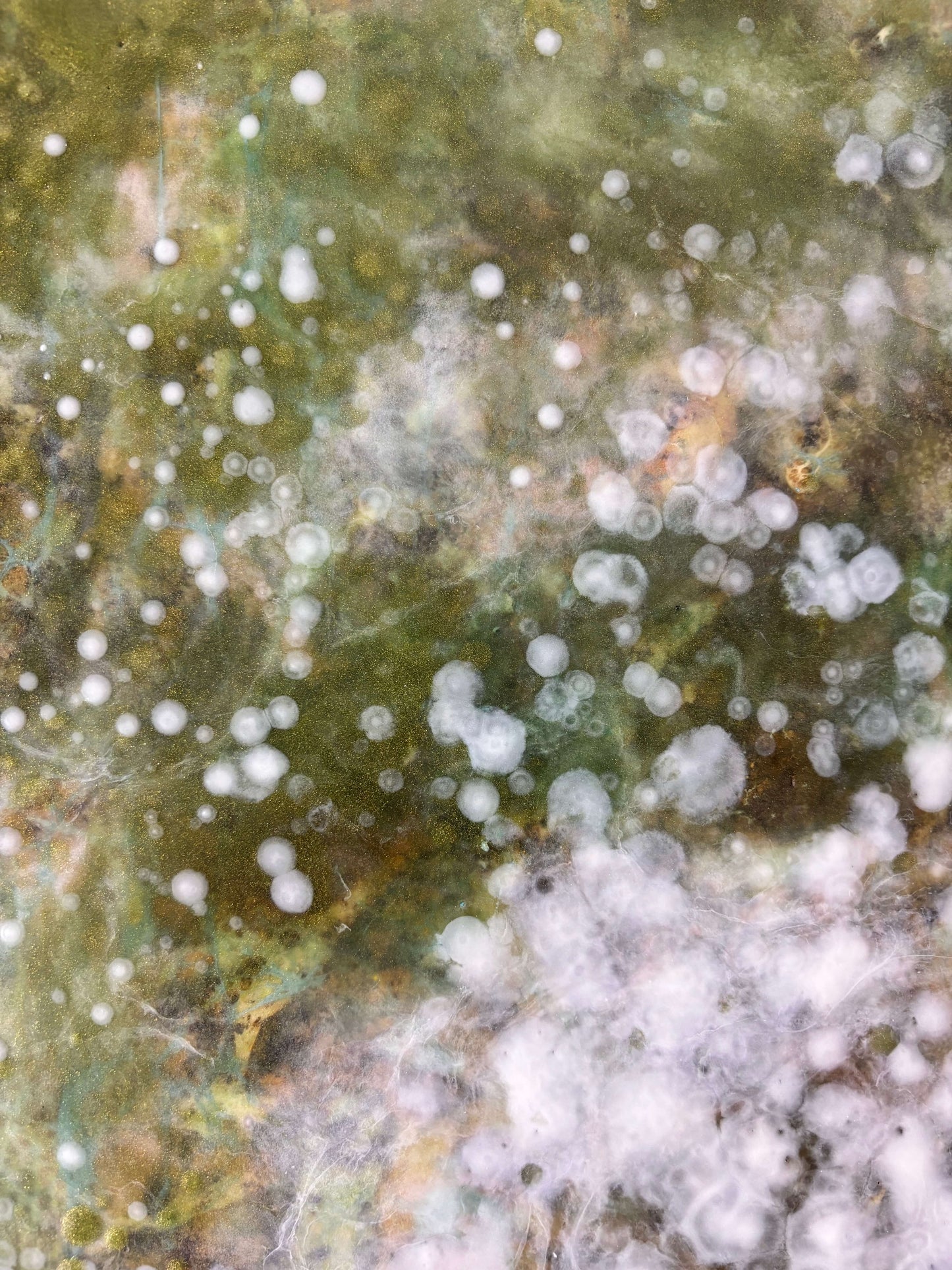 Close-up of abstract painting showing soft layers of white, green and earthy tones. textured details reveal delicate, cloud-like forms and speckled patterns that evoke nature and movement