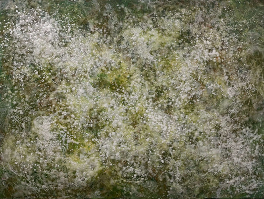 Abstract painting with delicate layers of soft white, mossy green and earthy tones. The surface is textured with fine, mist like dots, and organic forms, evoking a sense of gentle movement, growth, and natural stillness