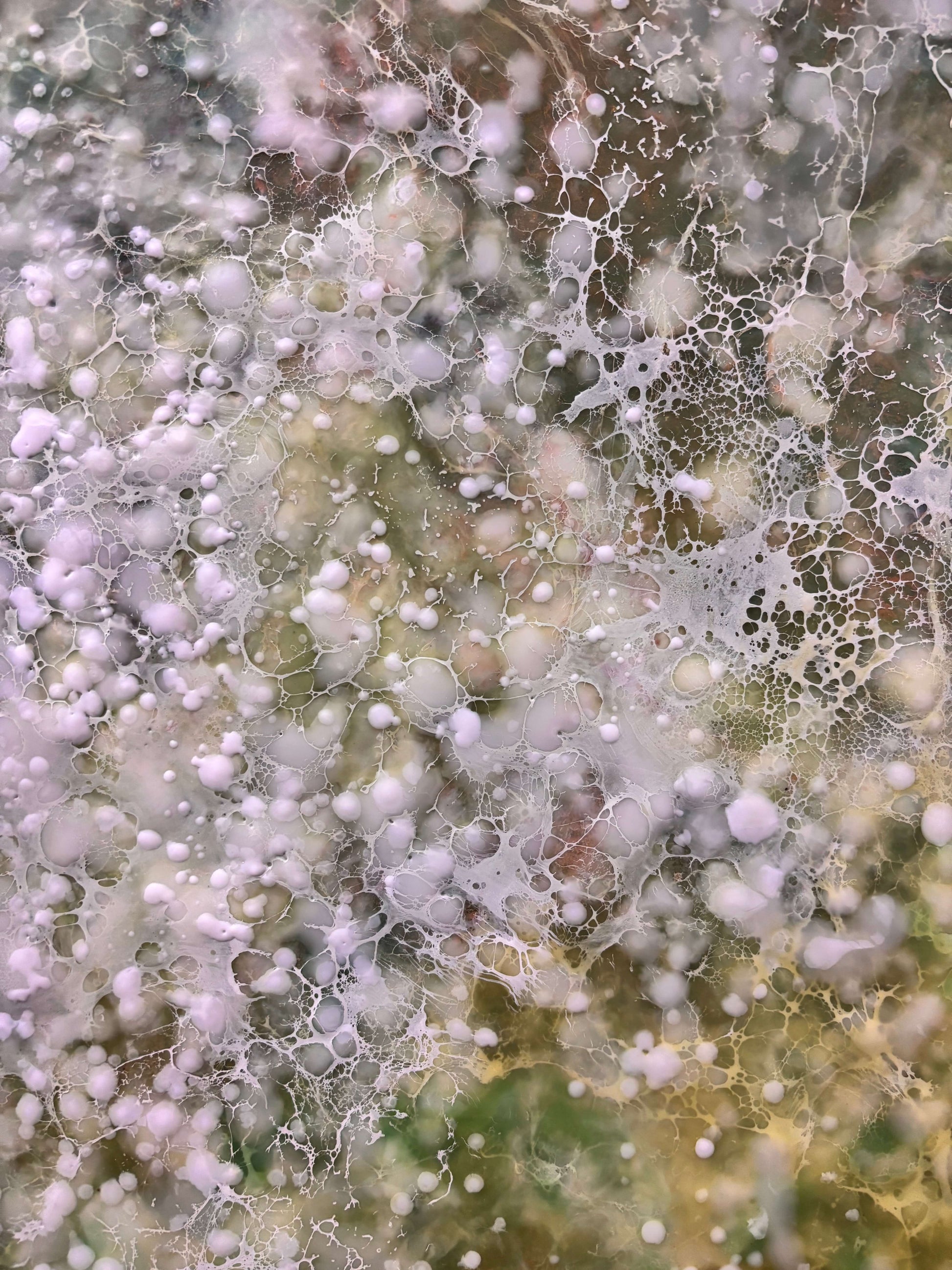 Close up.Abstract painting with delicate layers of soft white, mossy green and earthy tones. The surface is textured with fine, mist like dots, and organic forms, evoking a sense of gentle movement, growth, and natural stillness. 
