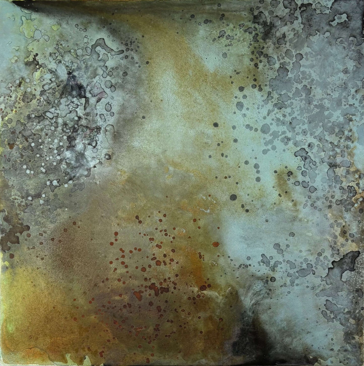 Original abstract painting in brown, grey, blue, silver and gold tones with layered textures and organic forms
