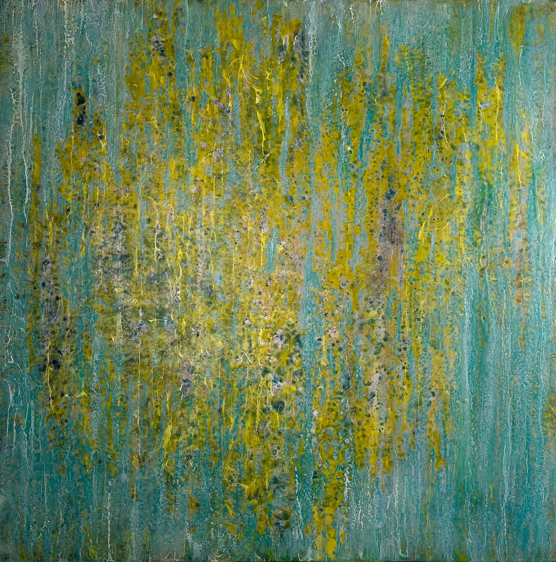 This painting is reminiscent to me of a wall of an old building that has been weathered with humidity and sun. The greens and yellows are like moss that has developed on the plaster where blue paint has cracked and been peeling.