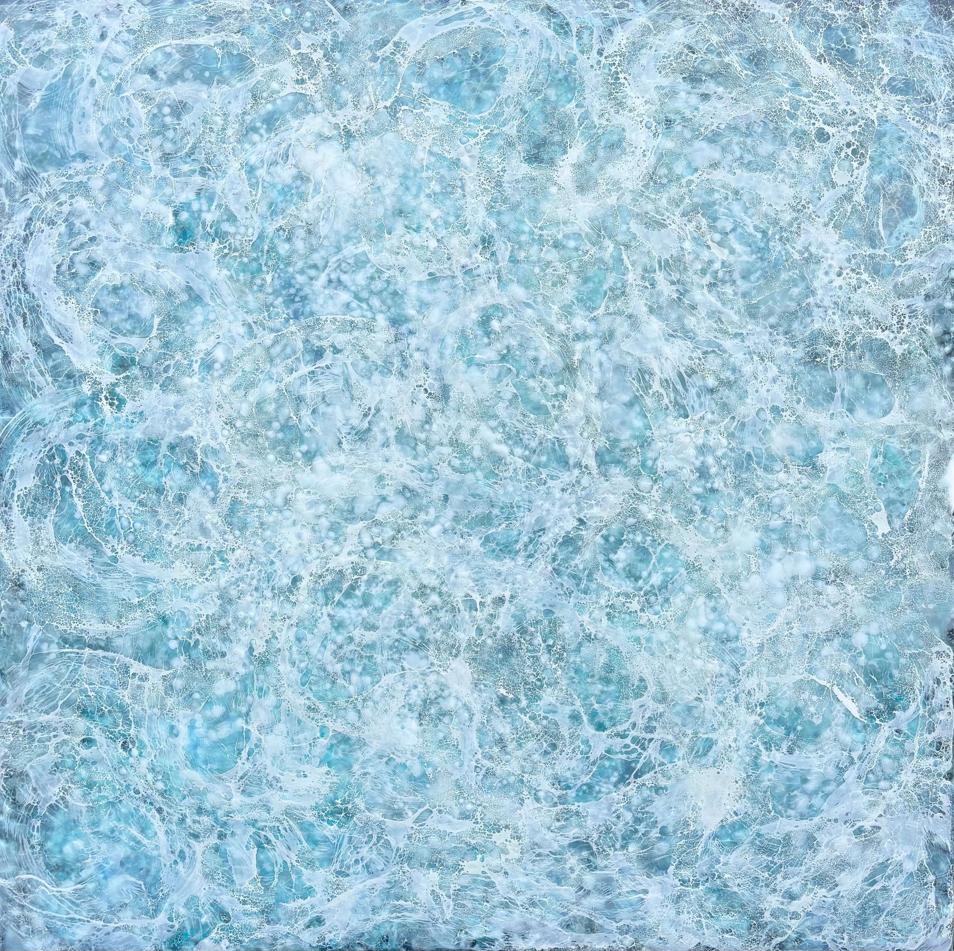 Abstract painting, created with watery blues, and whites. Lace-like swirls imitating ether a crystal clear sea or sky