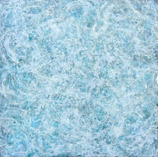 Abstract painting, created with watery blues, and whites. Lace-like swirls imitating ether a crystal clear sea or sky