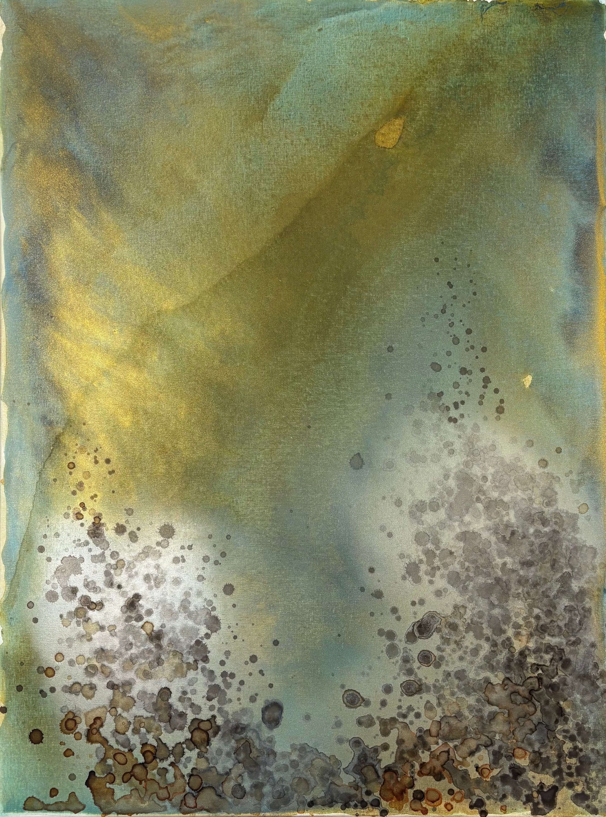 Original abstract painting in yellow, green, blue, gold with layered wine stain textures and organic forms