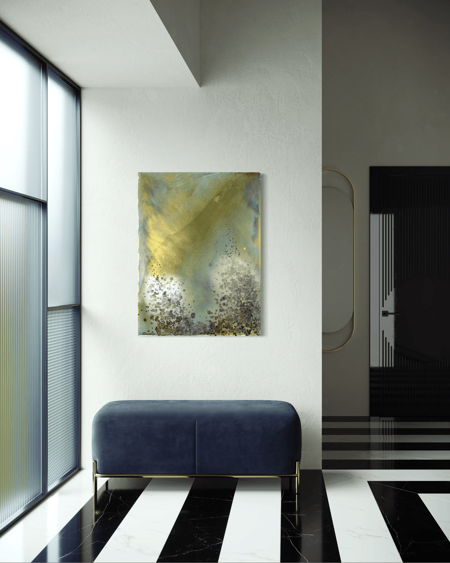 Original abstract painting in yellow, green, blue, gold with layered wine stain textures and organic forms displayed above a velvet bench in a modern foyer interior