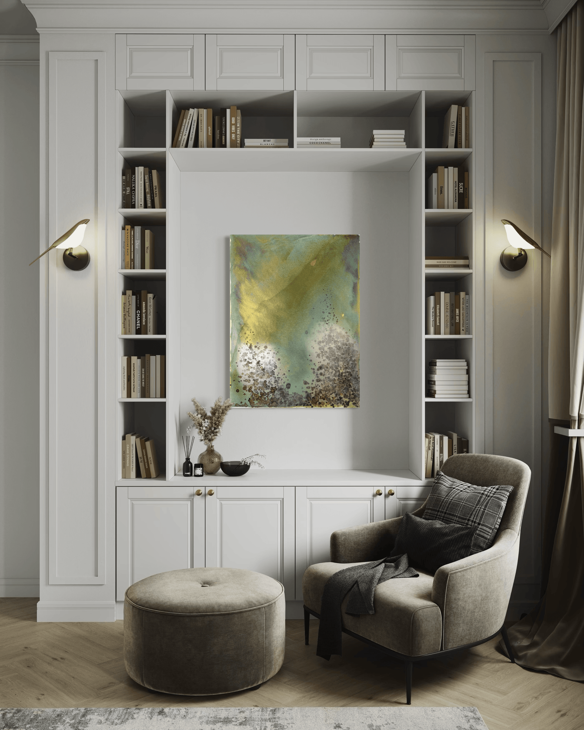 Original abstract painting in yellow, green, blue, gold with layered wine stain textures and organic forms displayed in an alcove within a built -in bookcase  in modern interior