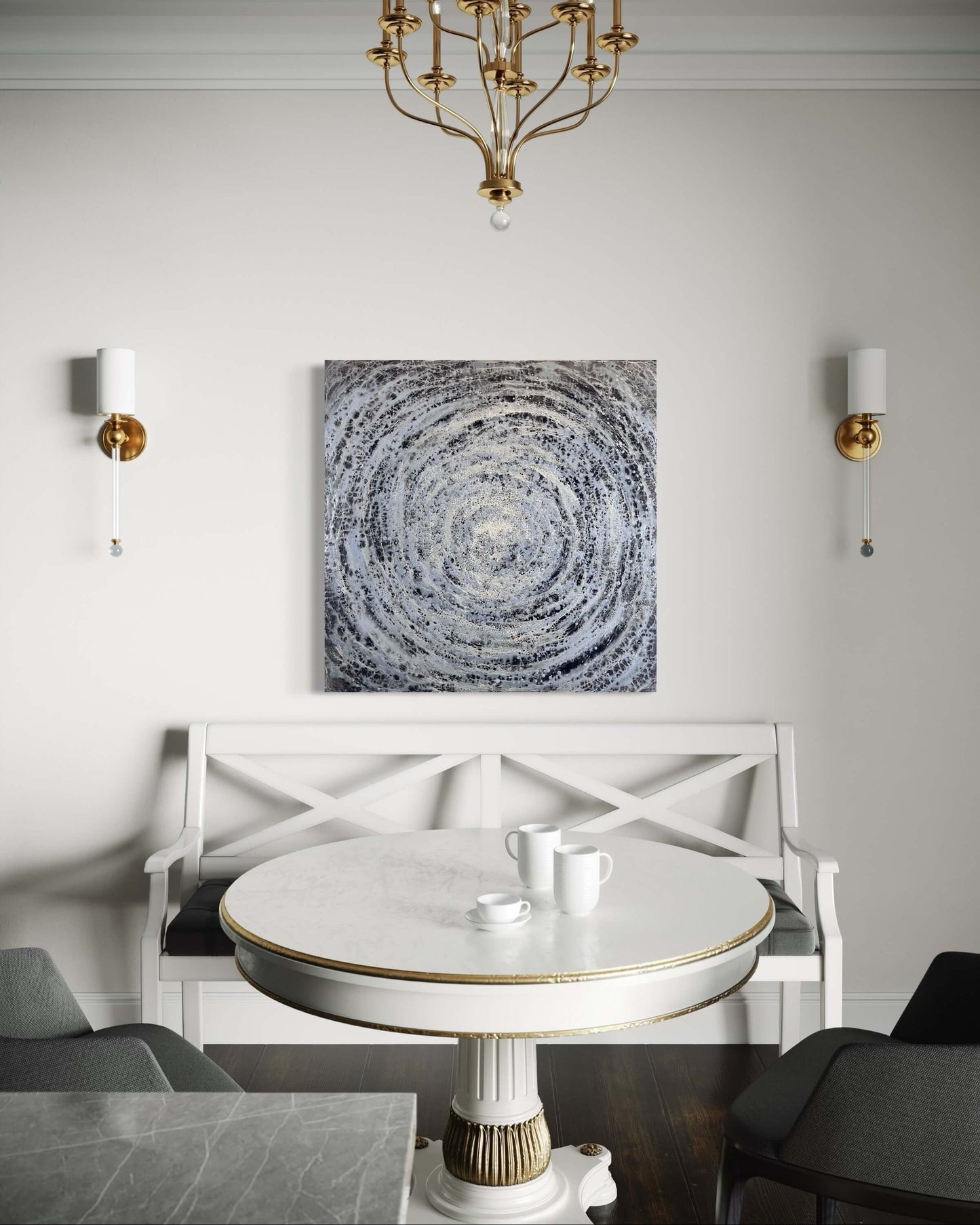 Dining room with a white table, chairs, and abstract wall art.