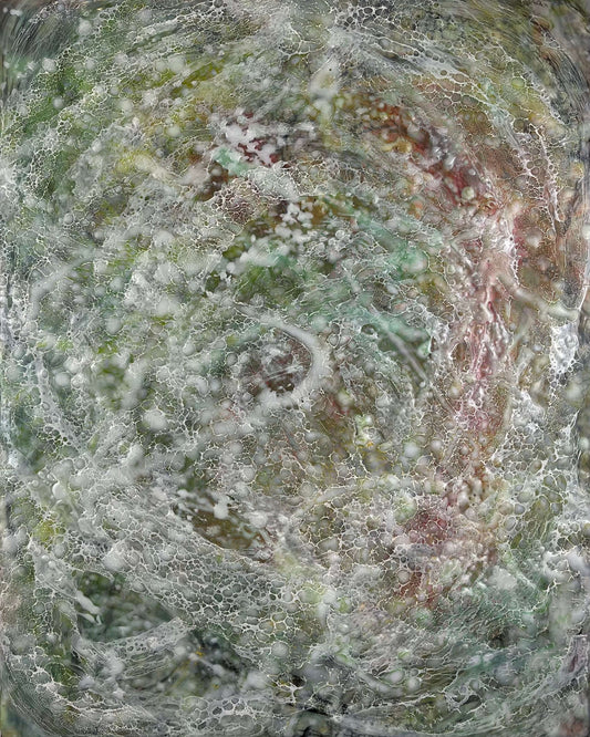 This painting has rippled texture with warm greens, orange, yellow and reds. Wispy lace-like texture of shellac creates movement within the painting.