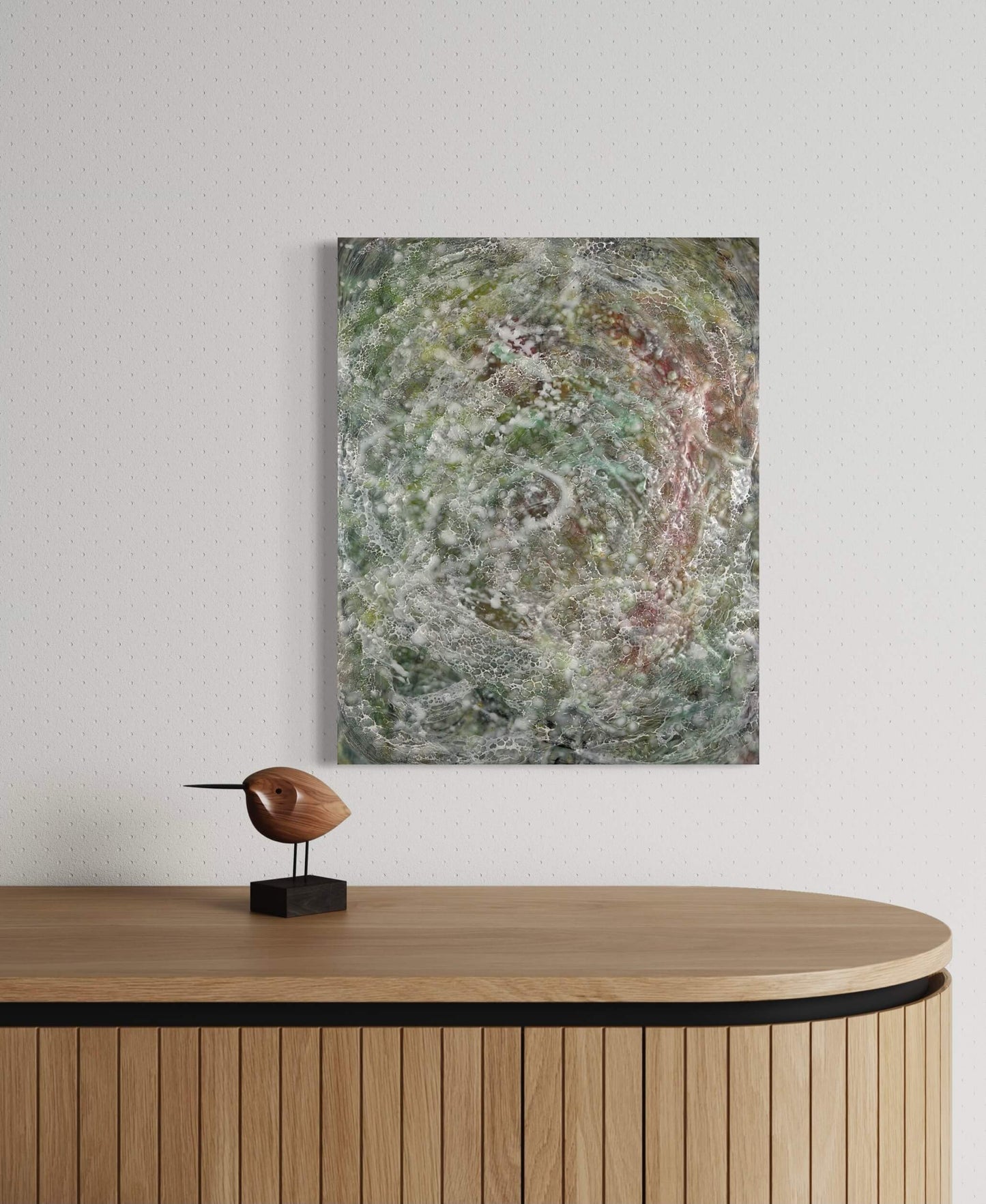 In situ.This painting has rippled texture with warm greens, orange, yellow and reds. Wispy lace-like texture of shellac creates movement within the painting.