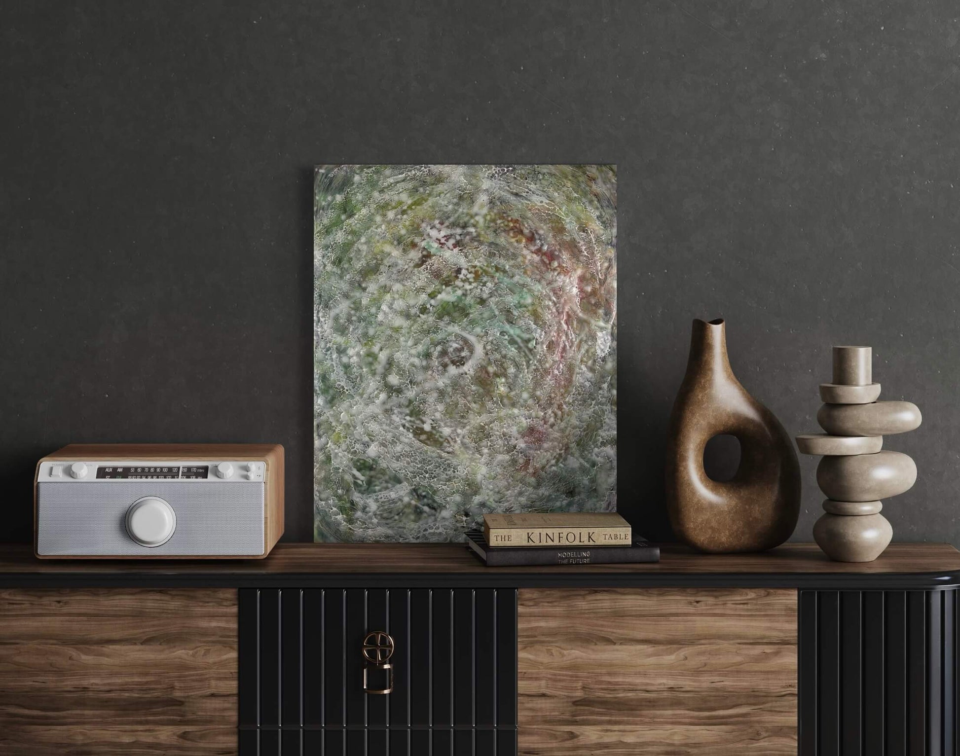 In situ.This painting has rippled texture with warm greens, orange, yellow and reds. Wispy lace-like texture of shellac creates movement within the painting.