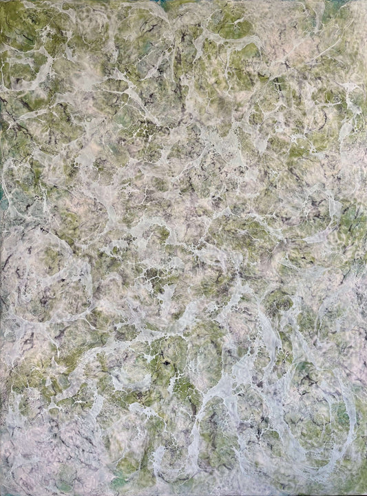 Abstract painting in muted greens, grays and whites, with layered fog-like textures and webbed veils that create the impression of shifting forms within a dense mist.