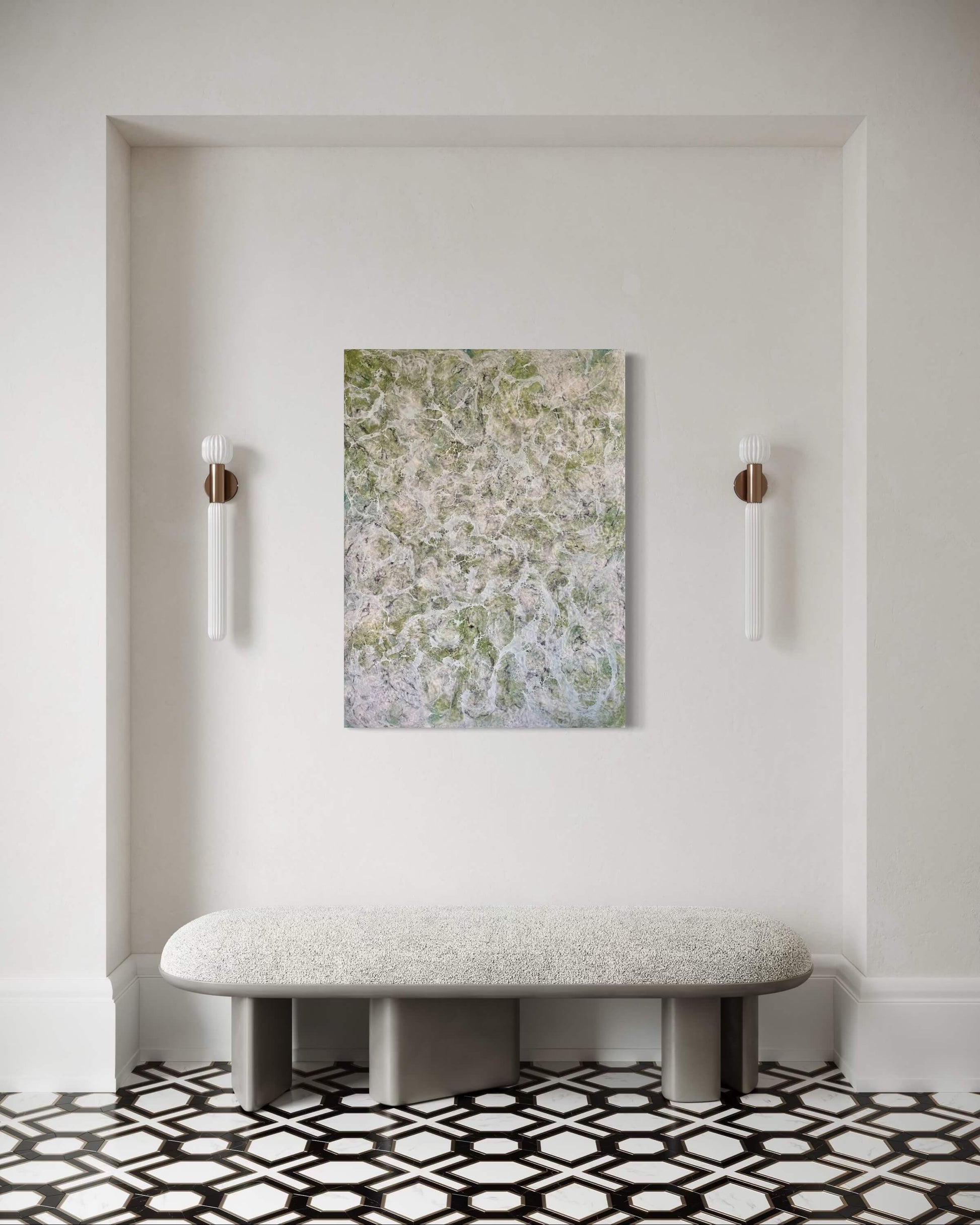 In Situ, abstract painting in muted greens, grays and whites, with layered fog-like textures and webbed veils that create the impression of shifting forms within a dense mist.