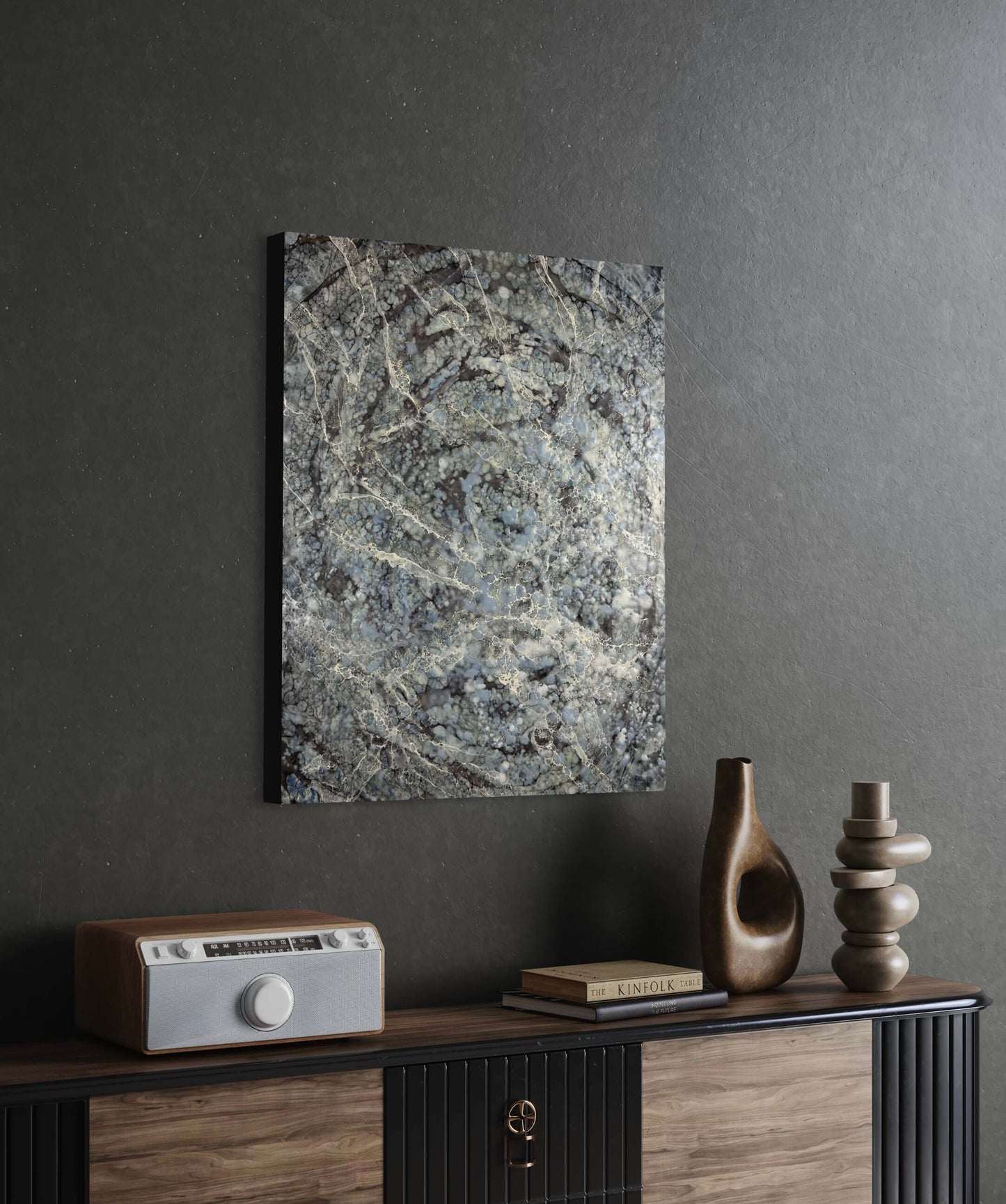 In situ.This painting is created in greys and blues. The dark shellac in the background, creates a downward spiral, as if you are falling into abyss. The white shellac on the foreground is representing your last breath escaping into the ether.