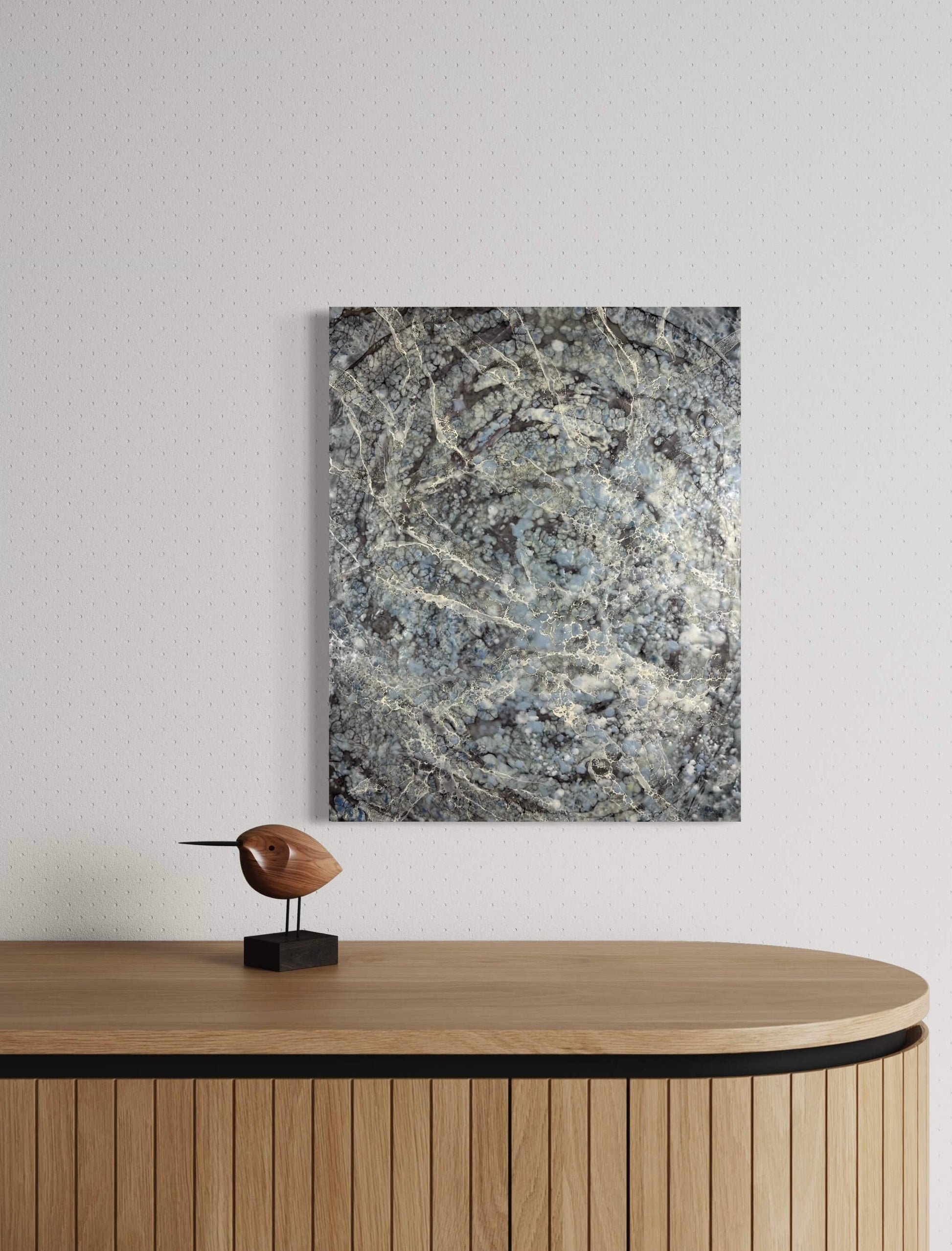 In situ.This painting is created in greys and blues. The dark shellac in the background, creates a downward spiral, as if you are falling into abyss. The white shellac on the foreground is representing your last breath escaping into the ether.