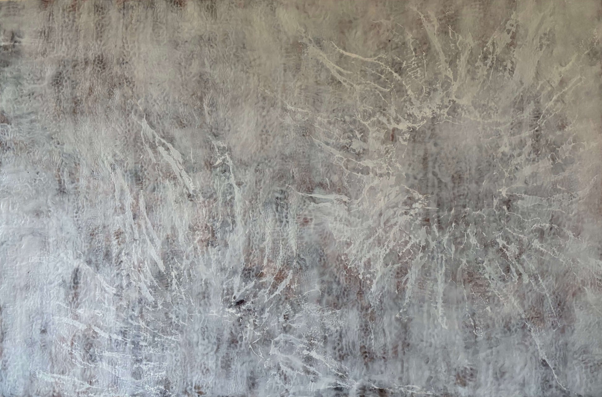 Abstract painting featuring soft, layered textures in pale neutral tones of white, beige, and hints of brown. Translucent, web-like veining spreads across the surface, creating a sense of mist, depth, and organic movement reminiscent of fog or frost.