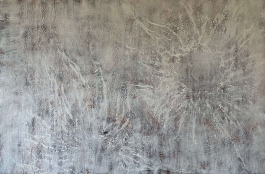 Abstract painting featuring soft, layered textures in pale neutral tones of white, beige, and hints of brown. Translucent, web-like veining spreads across the surface, creating a sense of mist, depth, and organic movement reminiscent of fog or frost.