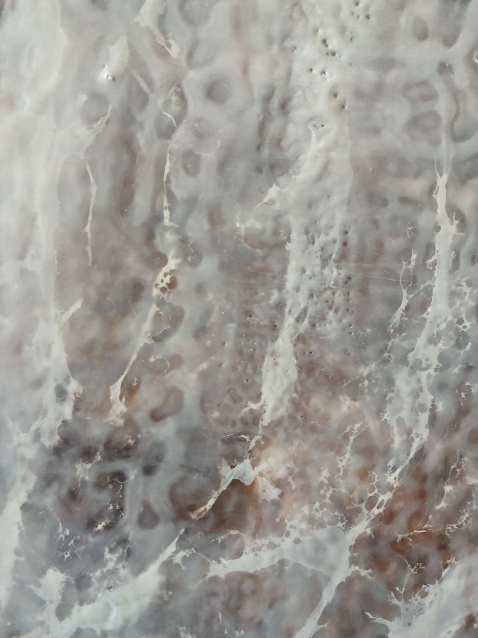 Close up.Abstract painting featuring soft, layered textures in pale neutral tones of white, beige, and hints of brown. Translucent, web-like veining spreads across the surface, creating a sense of mist, depth, and organic movement reminiscent of fog or frost.