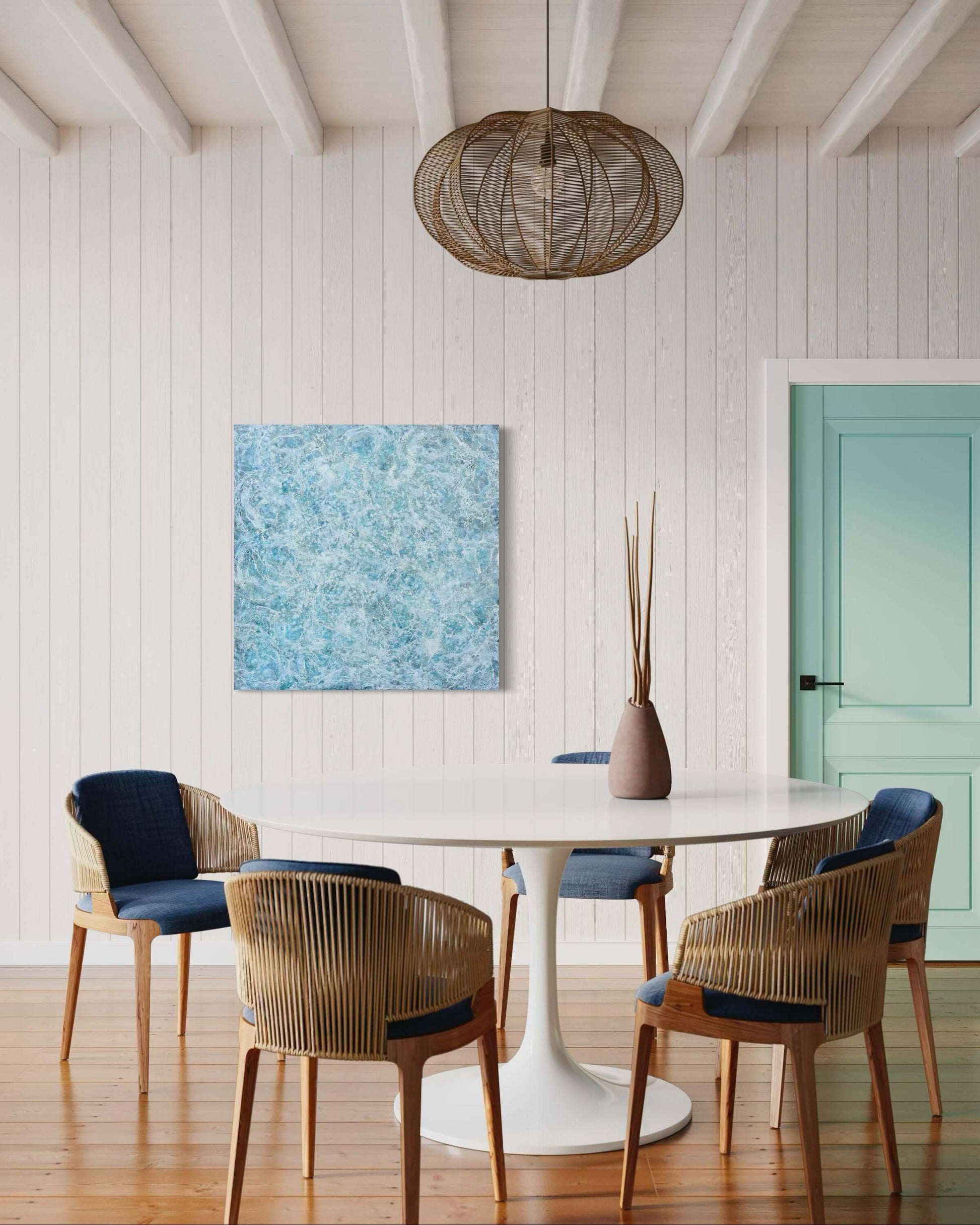 Abstract painting, created with watery blues, and whites. Lace-like swirls imitating ether a crystal clear sea or sky. Displayed in modern space