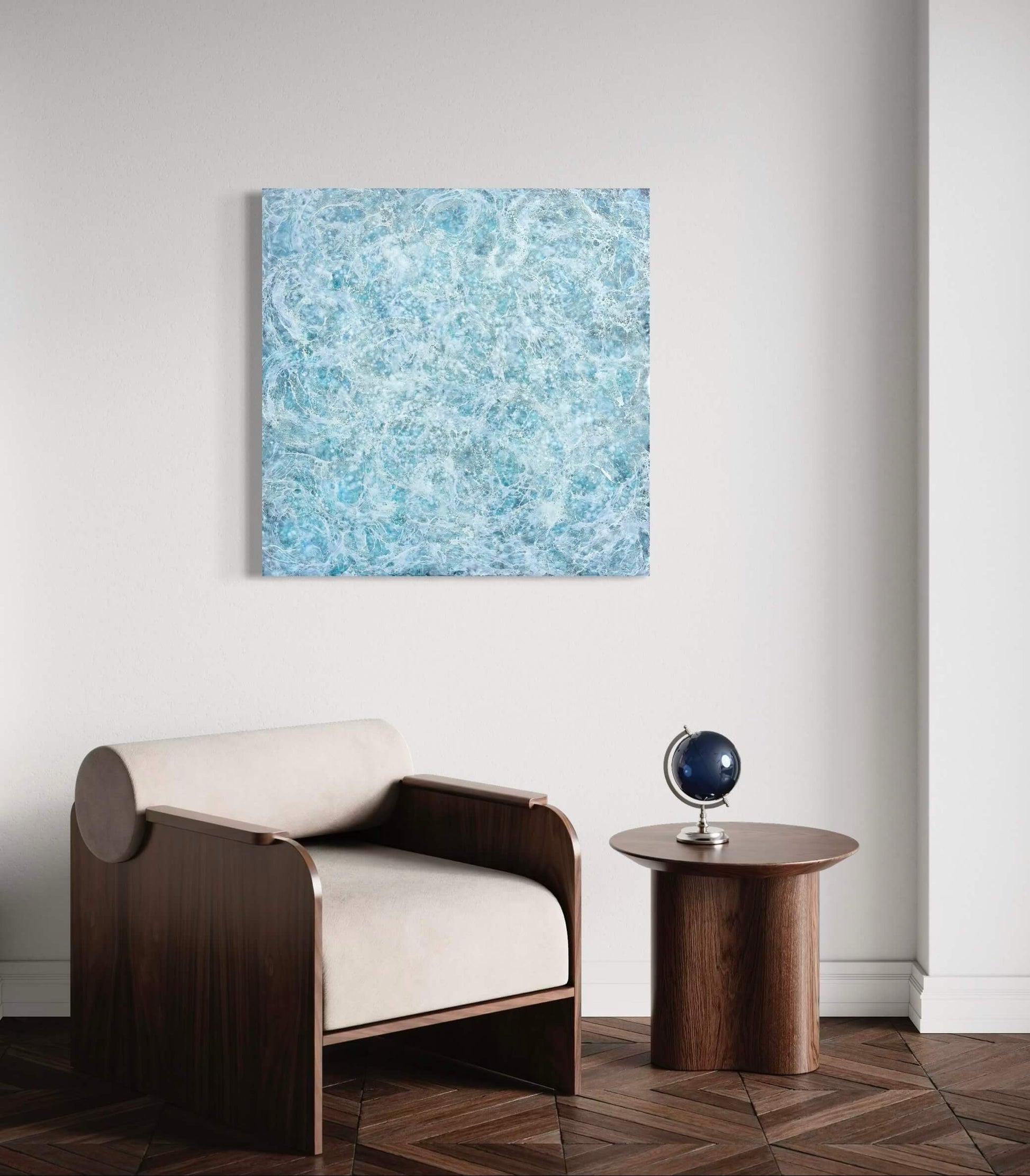 Abstract painting, created with watery blues, and whites. Lace-like swirls imitating ether a crystal clear sea or sky. Displayed in modern space