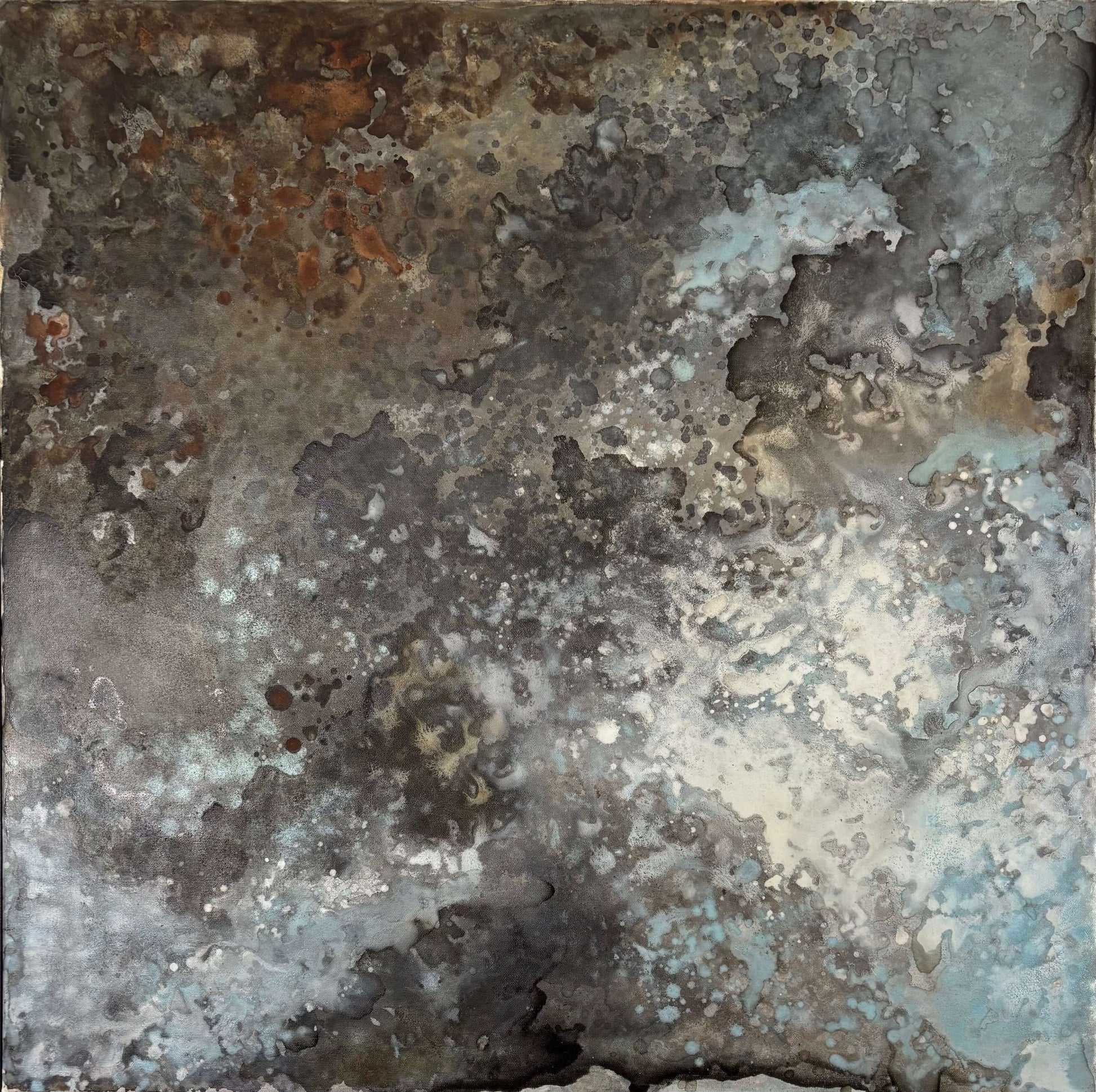Original abstract painting with rust and corrosion pattern in blue, grey, white and silver tones with organic forms which make it seem like it is on a metal surface.