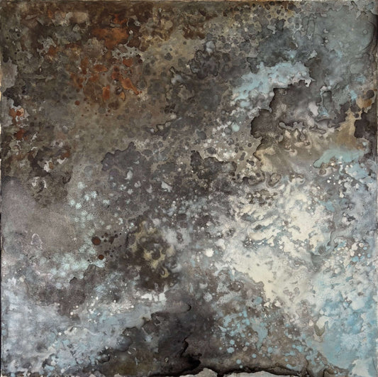 Original abstract painting with rust and corrosion pattern in blue, grey, white and silver tones with organic forms which make it seem like it is on a metal surface.