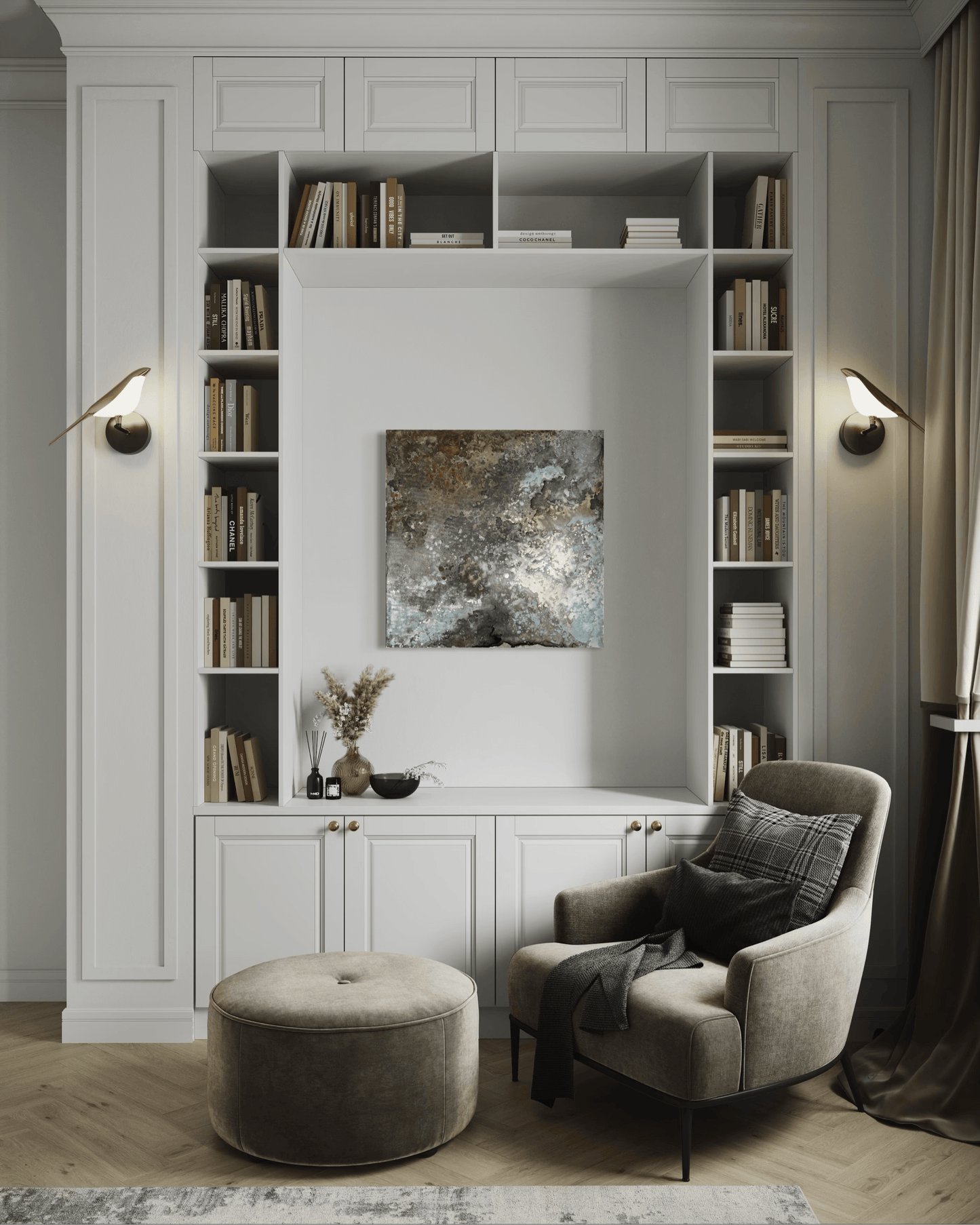 Original abstract painting with rust and corrosion pattern in blue, grey, white and silver tones with organic forms which make it seem like it is on a metal surface.
The painting is displayed in an alcove with built in bookcase around it with an armchair next to it  in modern interior