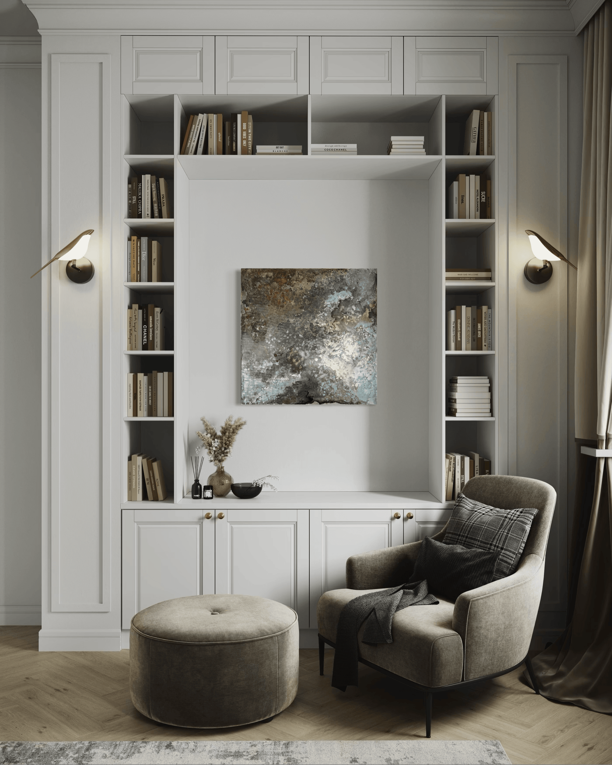 Original abstract painting with rust and corrosion pattern in blue, grey, white and silver tones with organic forms which make it seem like it is on a metal surface.
The painting is displayed in an alcove with built in bookcase around it with an armchair next to it  in modern interior
