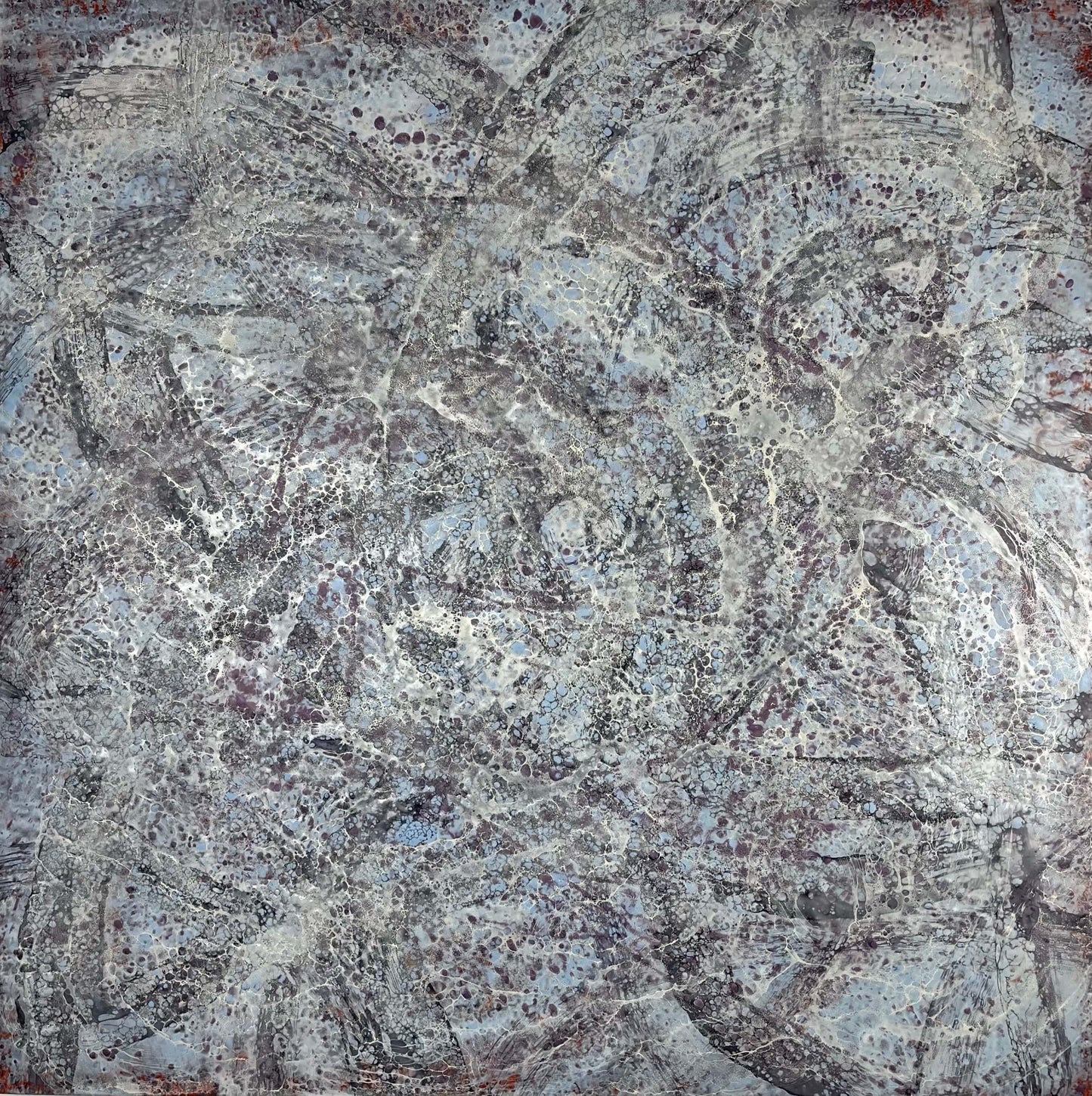 Inspiration for this painting is a piece of music composed by Jordi Fornies. The style of this piece is gestural abstraction, the directional lines in this painting are a flight pattern of a moth, that is focused on its sight of the moon. There  are blues, whites, browns and greys that signify the colours of moth's wings and the colour of the "blue moon". The size of this painting is 36"x36"