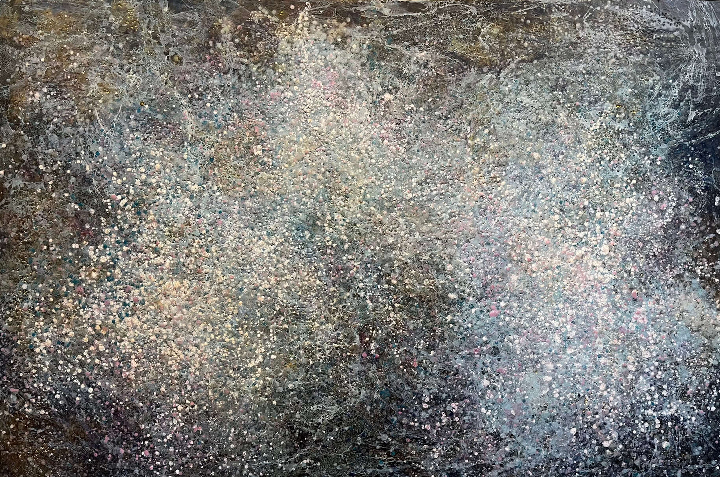 This painting has a vibrational feeling,  it resembles the glow, movement and flickering of stars and the vastness of our universe. With moody colours of black, grey, white, blues, pink and accents of gold.