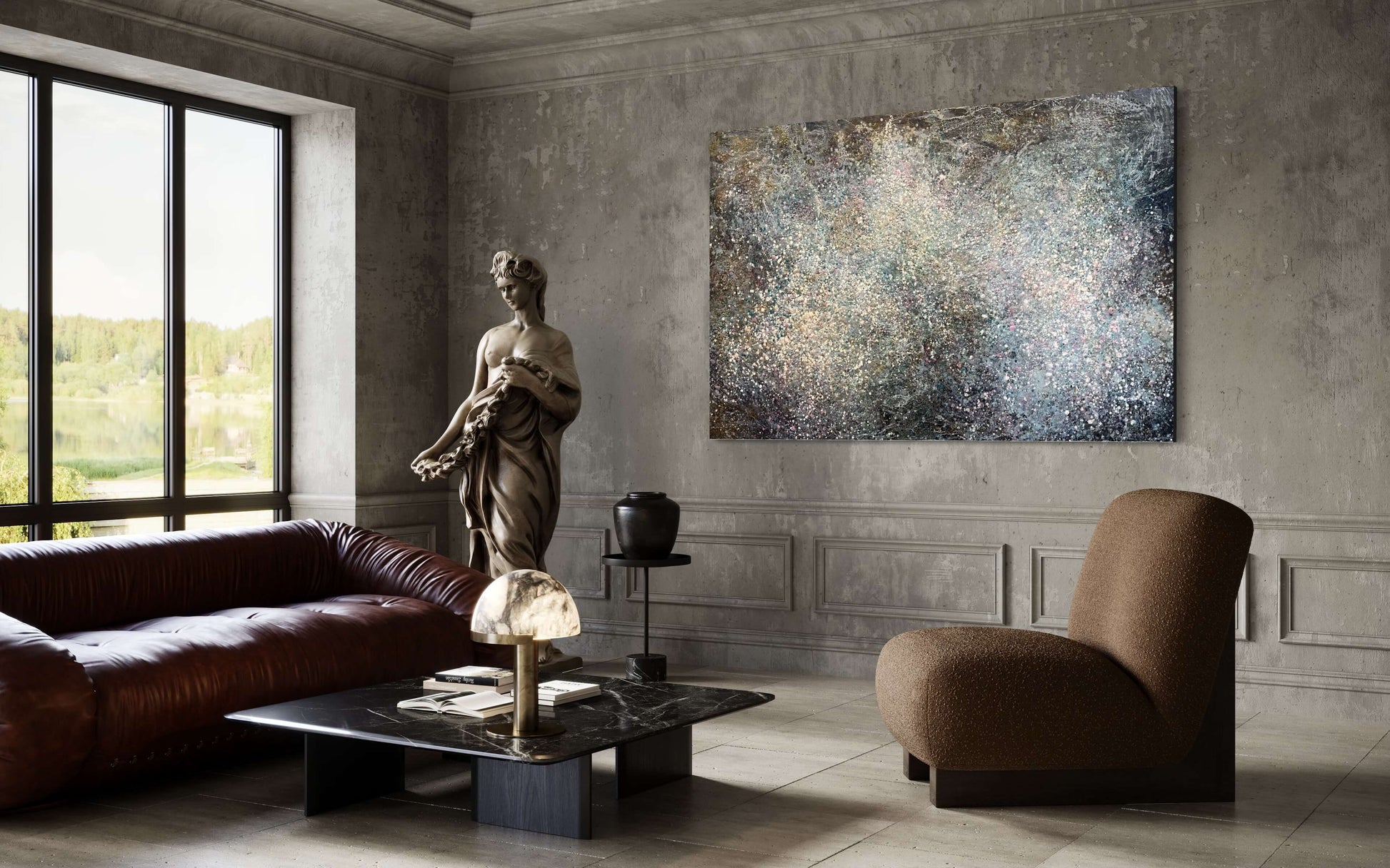 In situ.This painting has a vibrational feeling,  it resembles the glow, movement and flickering of stars and the vastness of our universe. With moody colours of black, grey, white, blues, pink and accents of gold.