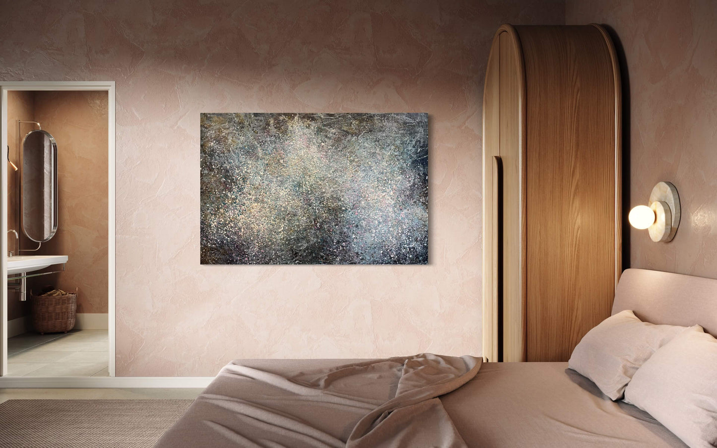 In situ.This painting has a vibrational feeling,  it resembles the glow, movement and flickering of stars and the vastness of our universe. With moody colours of black, grey, white, blues, pink and accents of gold.