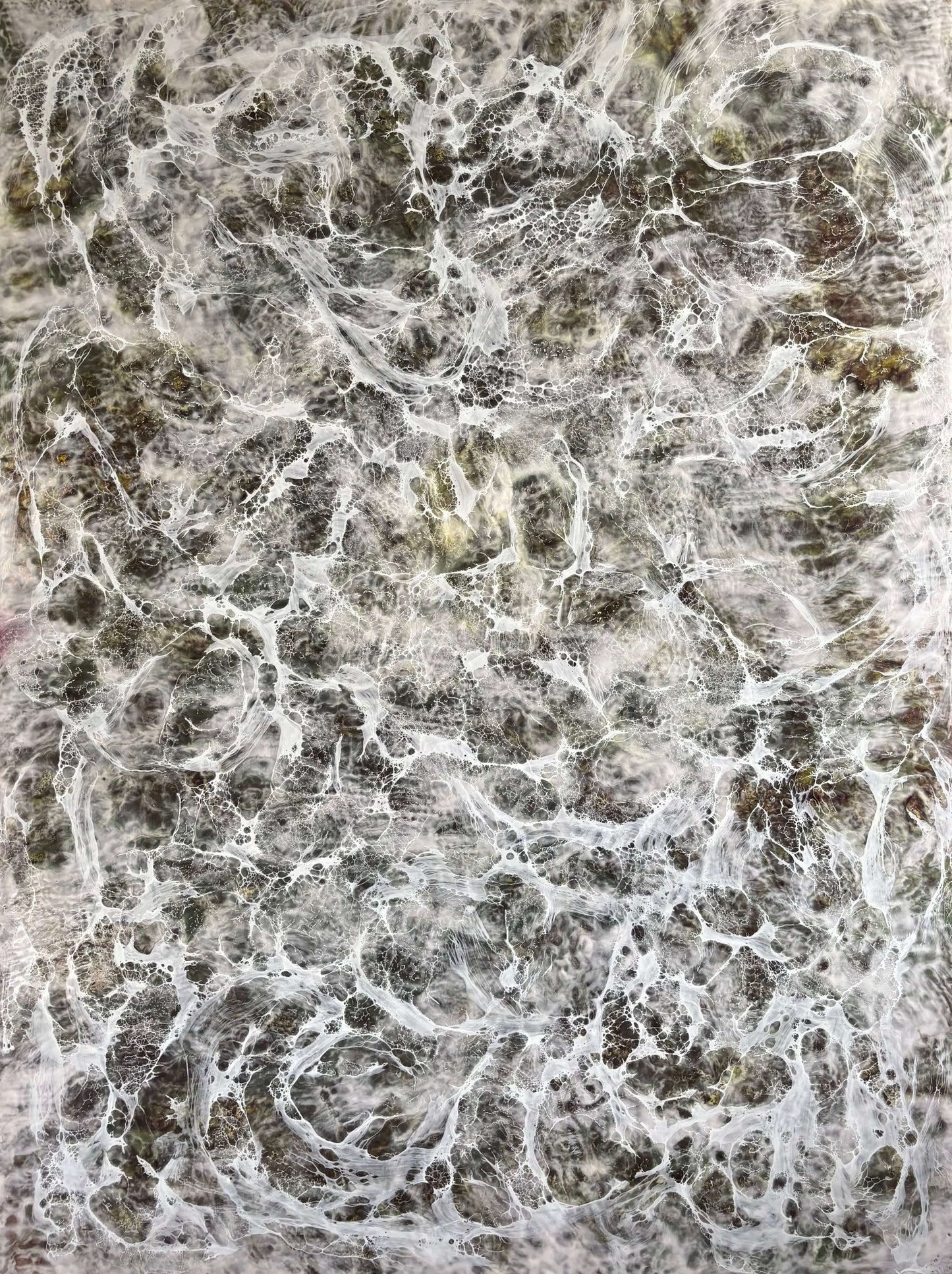 Abstract painting with layered earthy browns and whites, resembling delicate web-like veils or flowing tears across the surface