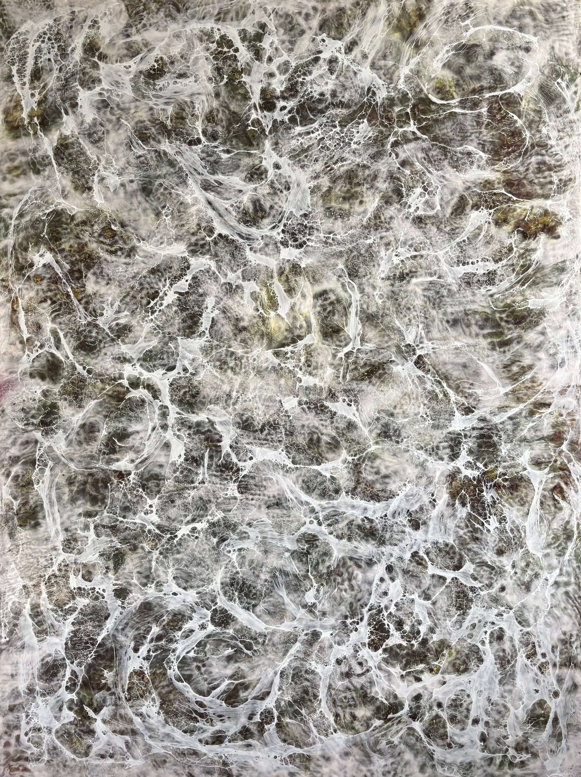 Abstract painting with layered earthy browns and whites, resembling delicate web-like veils or flowing tears across the surface