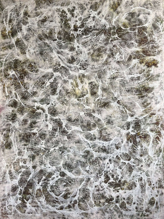 Abstract painting with layered earthy browns and whites, resembling delicate web-like veils or flowing tears across the surface