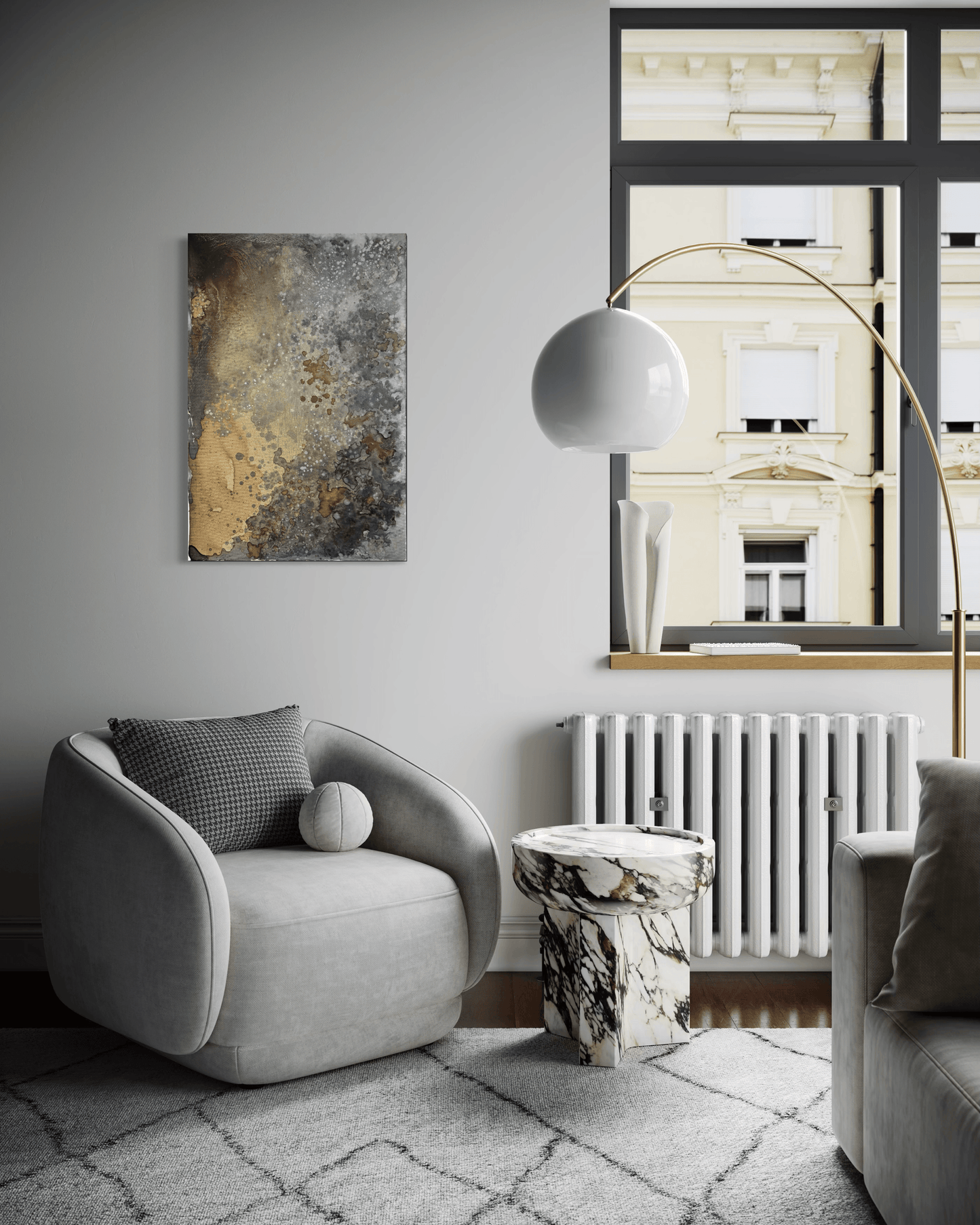 Original abstract painting in brown, grey, silver, white and rust with corrosion looking textures and organic forms displayed above an armchair and floor lamp in modern interior