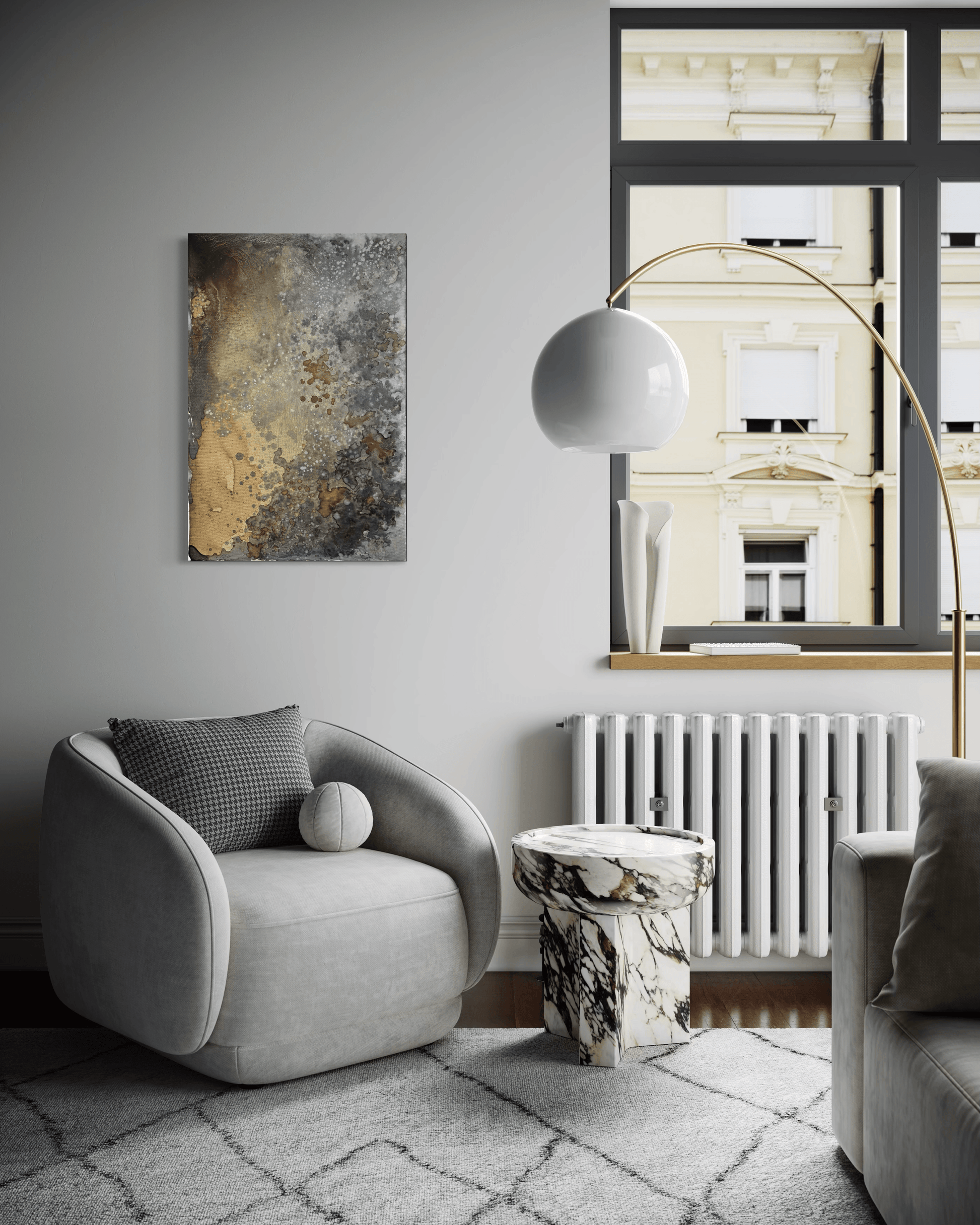 Original abstract painting in brown, grey, silver, white and rust with corrosion looking textures and organic forms displayed above an armchair and floor lamp in modern interior