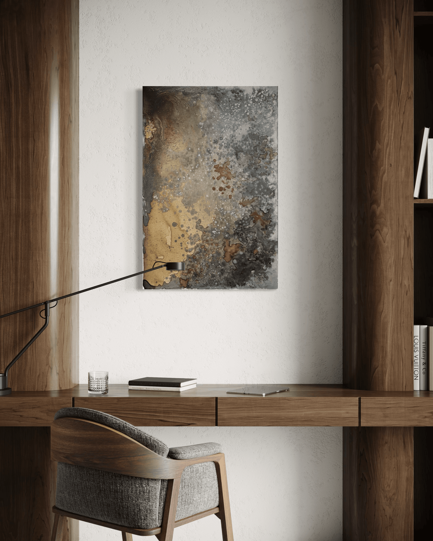 Original abstract painting in brown, grey, silver, white and rust with corrosion looking textures and organic forms displayed in an alcove flanked by walnut bookcase and desk  in modern interior