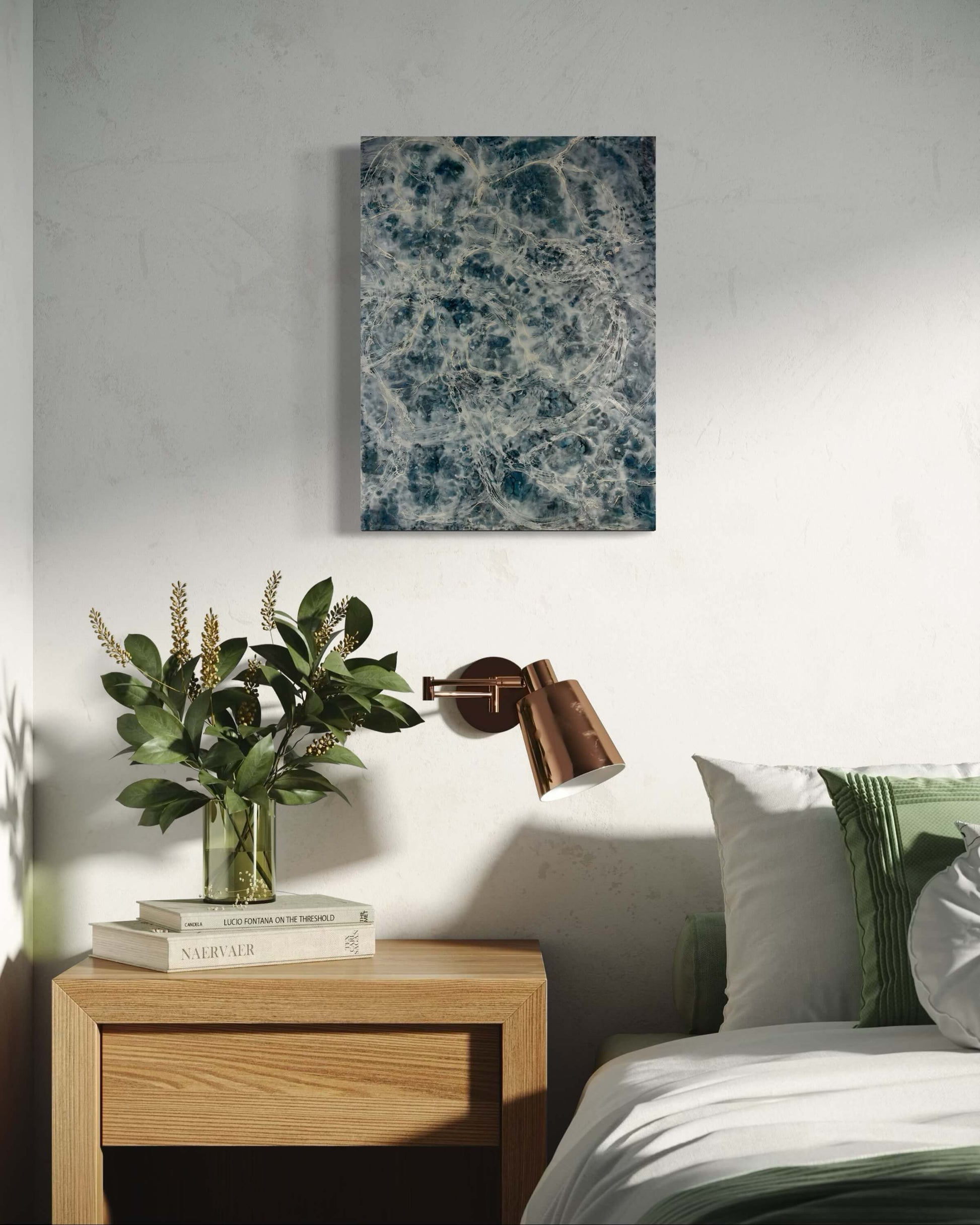 In situ. This abstract painting is created with encaustic medium and it is of the pair and it is inspired by a song written by Otis Redding. The painting is done in moody blues, whites and it has flow and movement to it to represent the movement of water